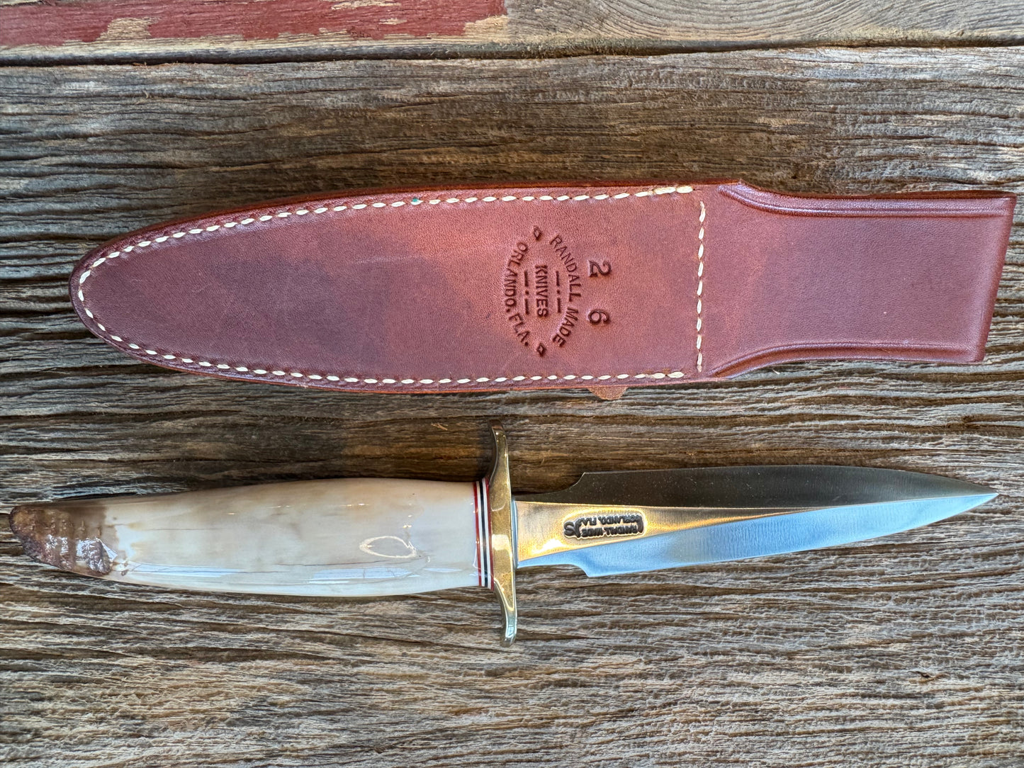 Randall Knife Model 2-6. Artifact Fossil Walrus in an Ice Ax Handle. Purchased from Rick Bowles, Stainless Steel.