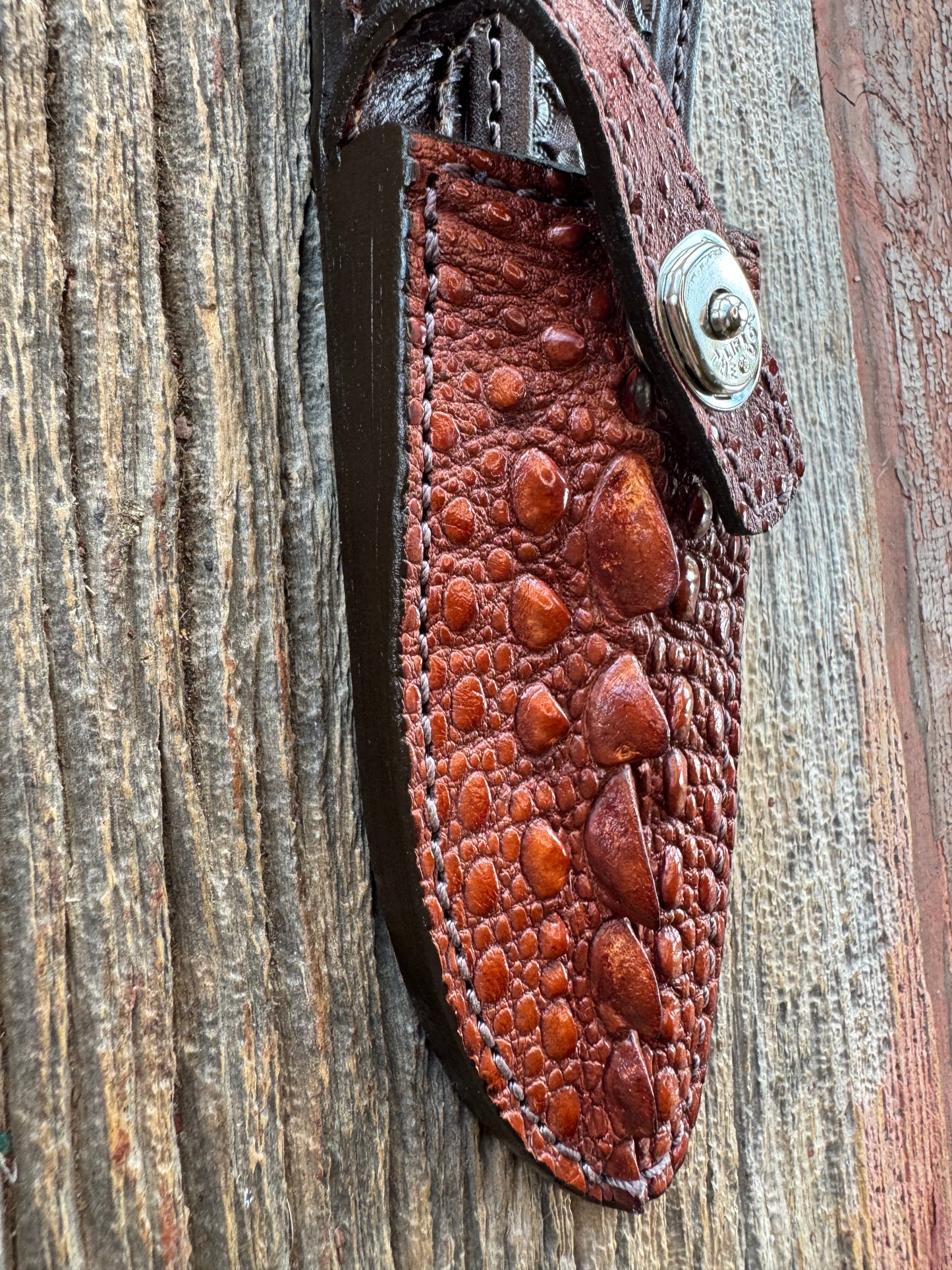 Randall Model 11-5 Sheath in Exotic Light Brown Snapping Turtle by Treeman. Spiked Dragon tail portion of the turtle.