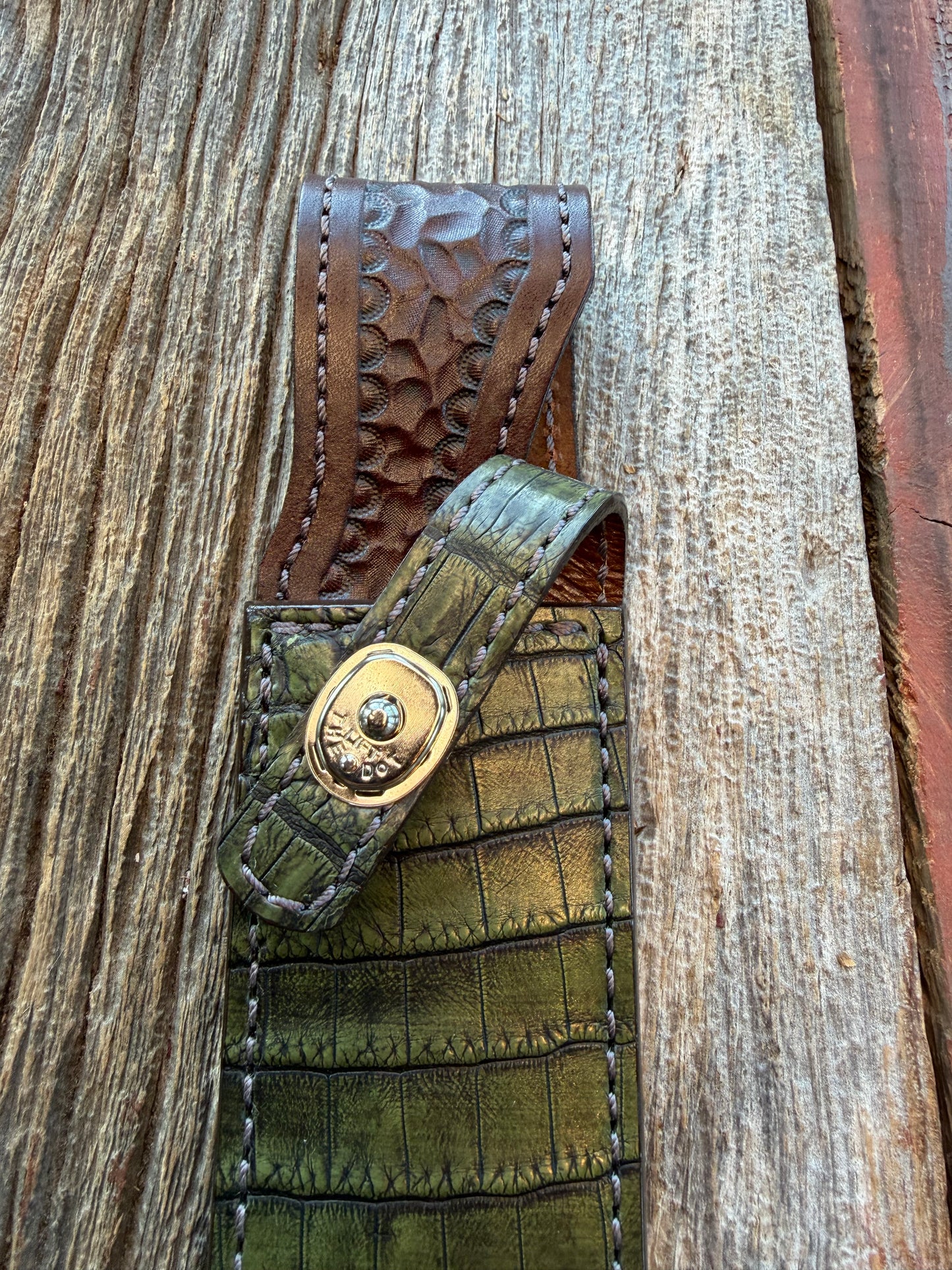 New Randall Model 1-7 Sheath in Exotic Army Green Crocodile from Treeman.