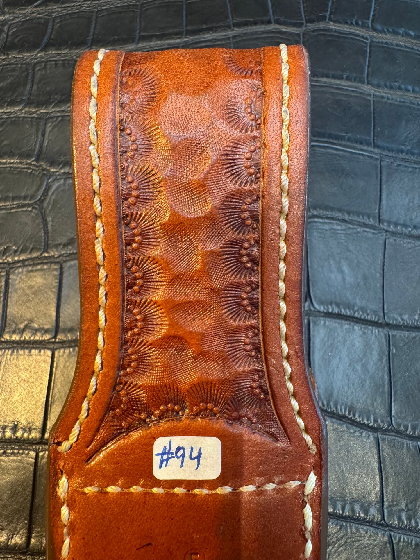 New Randall for a 5 Inch Blade straight Sheath in Exotic Tan/Gold Hippo Custom Made at Sullivan’s by Gutcher.