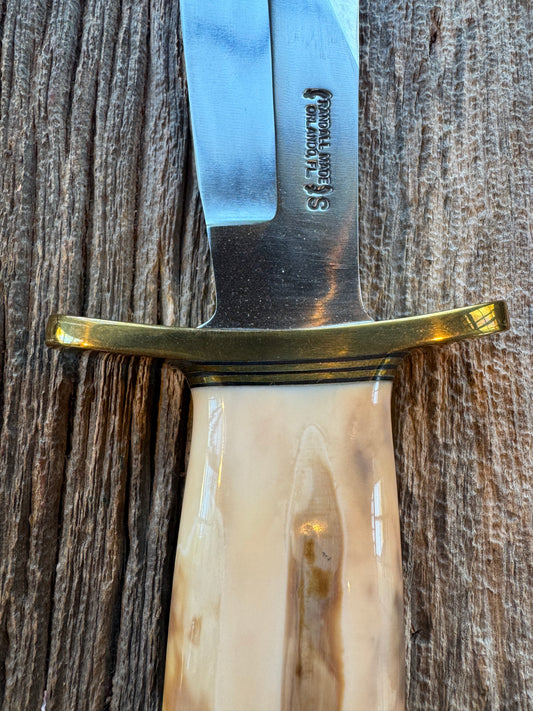 Randall Knife Model 12-8 Big Bear. Gorgeous piece of creamy Artifact Ice Ax Chisel in Fossil Walrus Ivory. ( Creams, Blues, greens) Brass hilt and natural butt. Stainless steel.