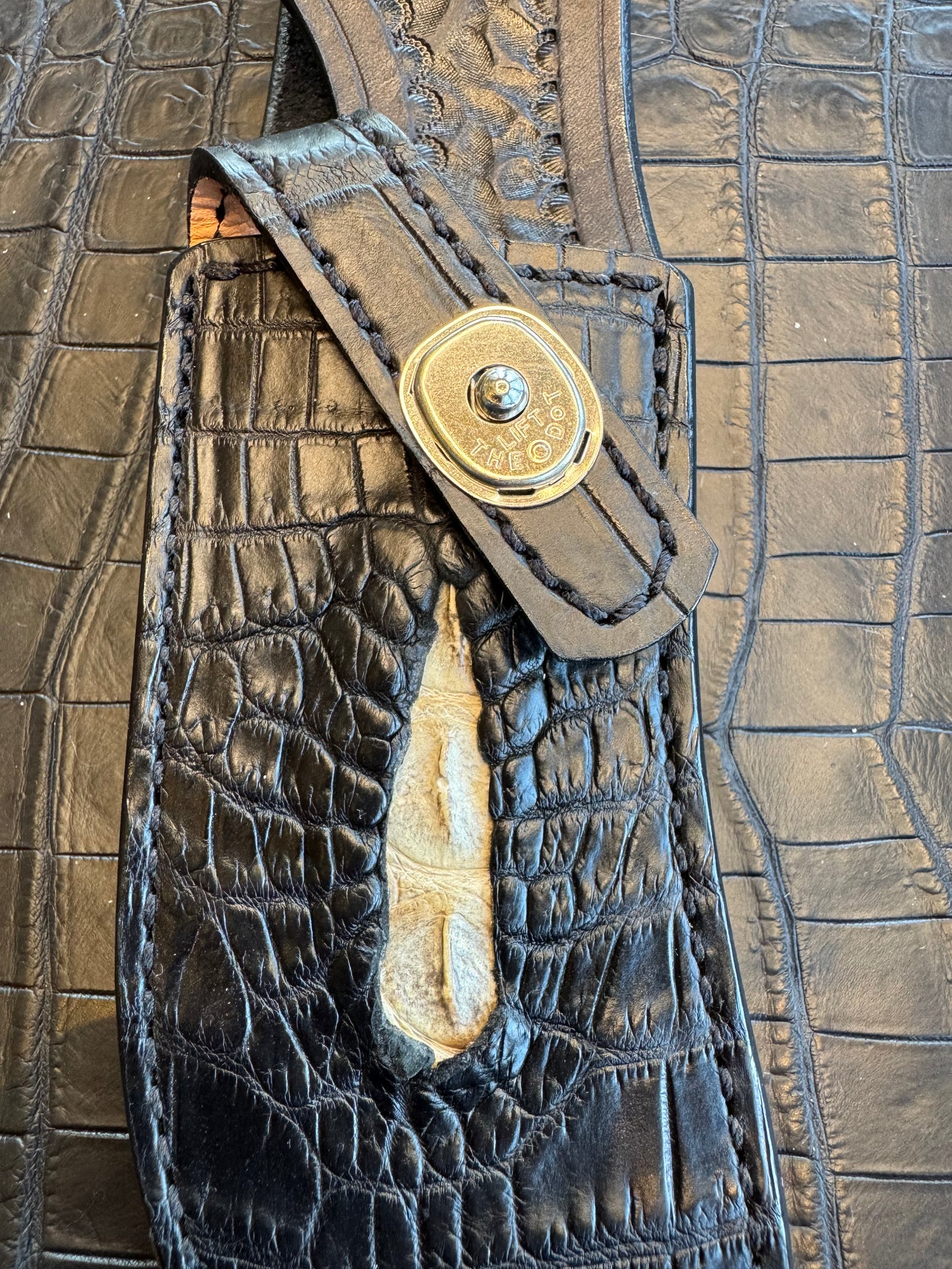 Randall Model RBS Rick Bowles Skinner Sheath in Exotic Black Anus Crocodile Skin from Treeman. Sheath only
