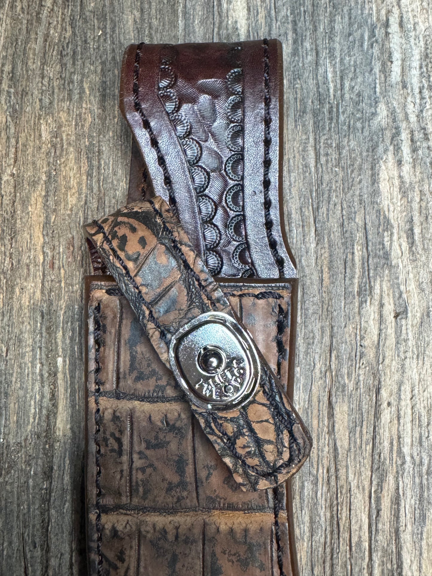 Randall Model 20 Sheath in Exotic Brown Sueded Crocodile from Treeman.