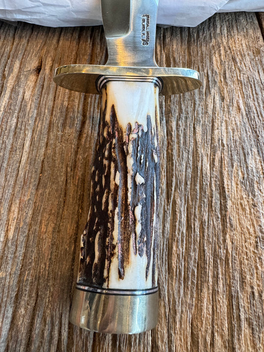 New in paper Randall Knife Model 12-8 “Big Bear” Large piece of Gnarly Popcorn Stag. Nickel silver hilt and butt cap. Stainless steel.