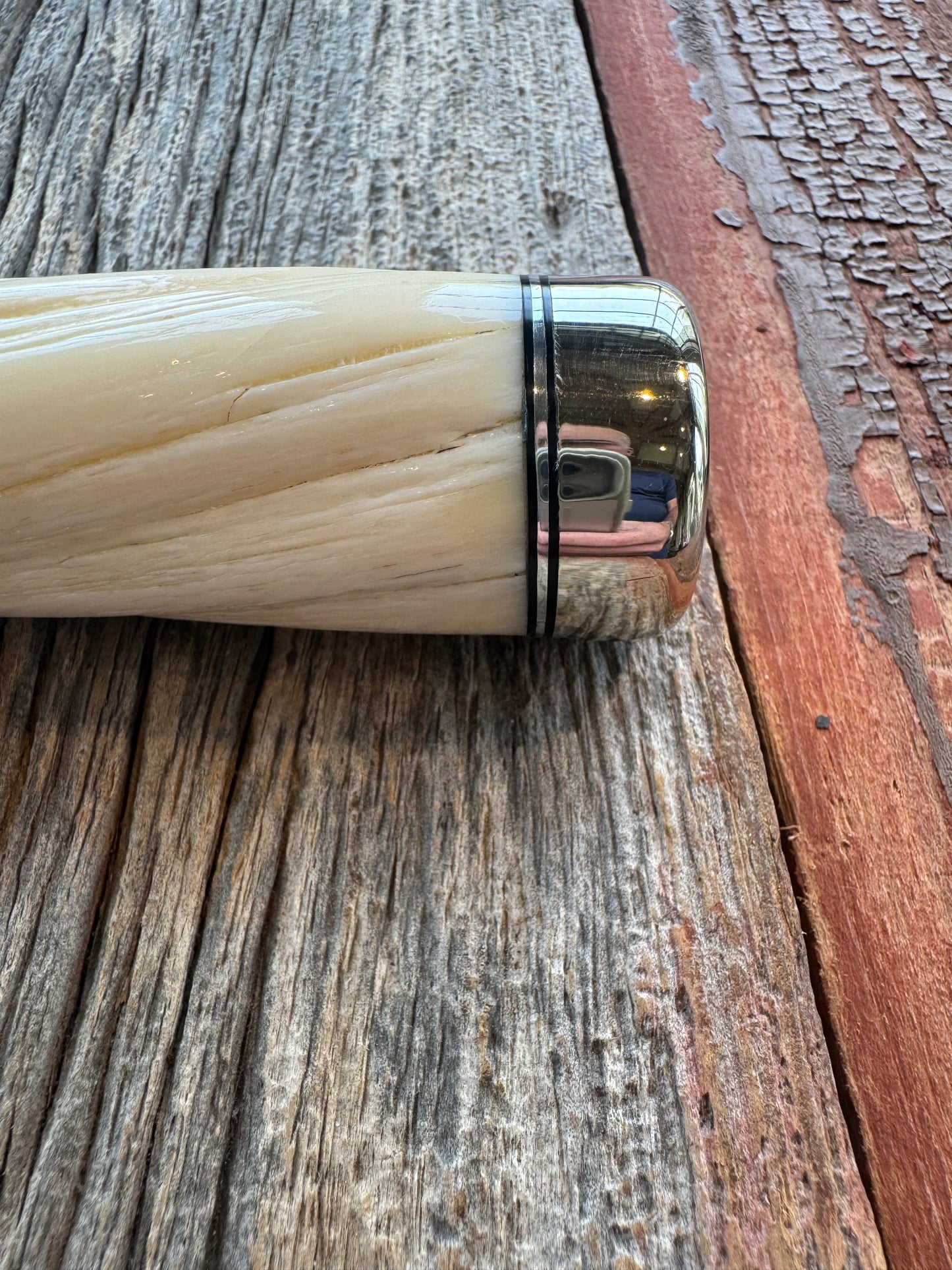 Rare Randall Model Combat Companion in Beautiful Spiraled Narwal, Nickel Silver Hilt and butt cap, black and silver spacers. SS Stunning and rare.