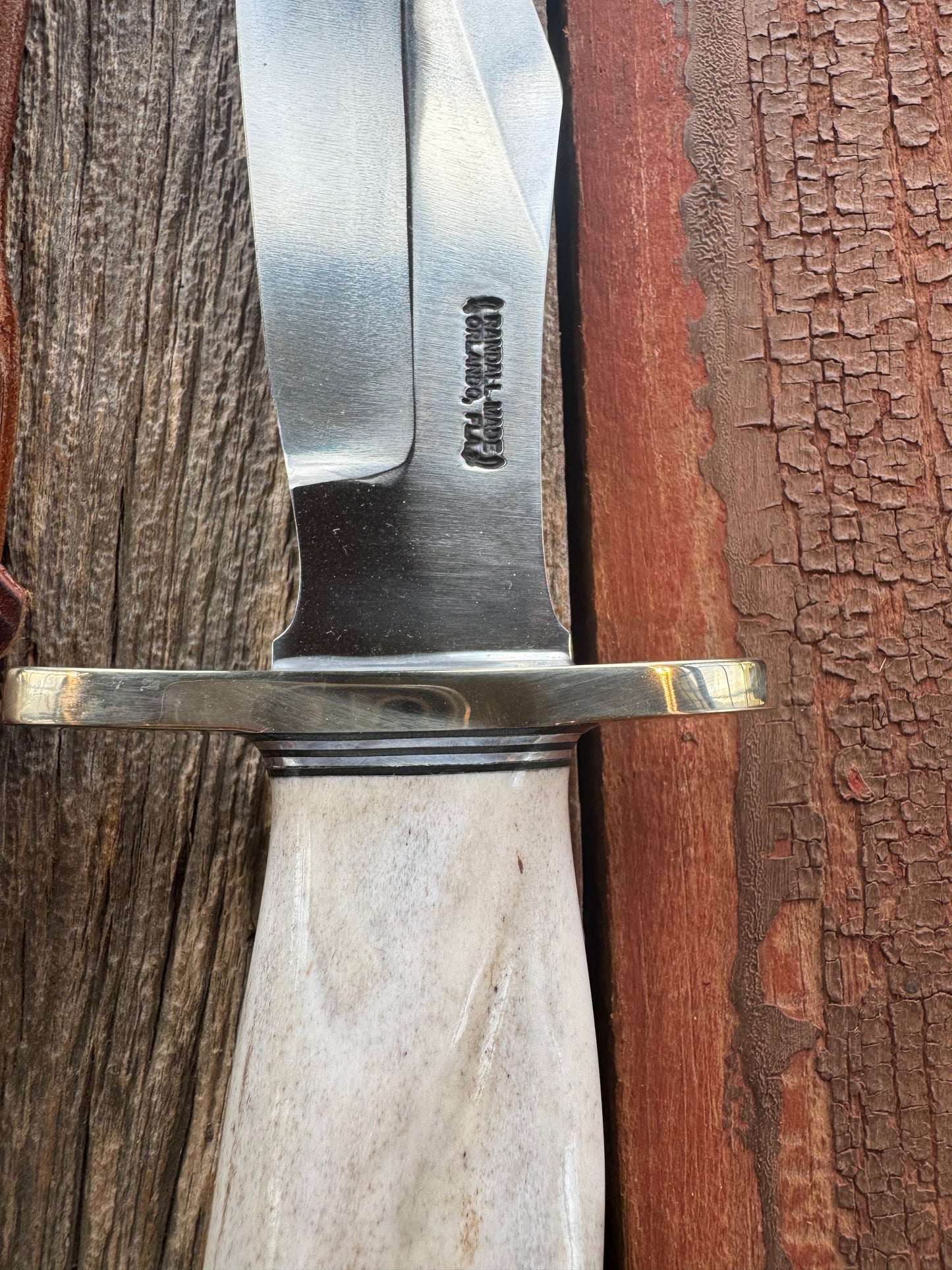 Randall Model 12-8 Big Bear in a gorgeous piece of Polished Crown Stag. Nickel Silver Hilt and a natural exposed end. Stainless,