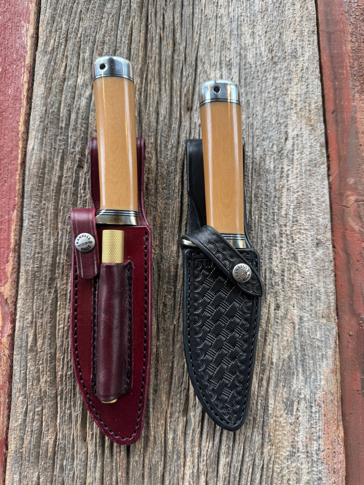 A pair of Randall Stanaback Specials in Bone Linen Micarta. A large and the small Stanaback with a 4 and a 4 1/2” Stainless steel Blade, Nickel Silver Single Hilt with Aluminum & Black Spacers. Nickel silver butt caps and a Lanyard. Special Edition