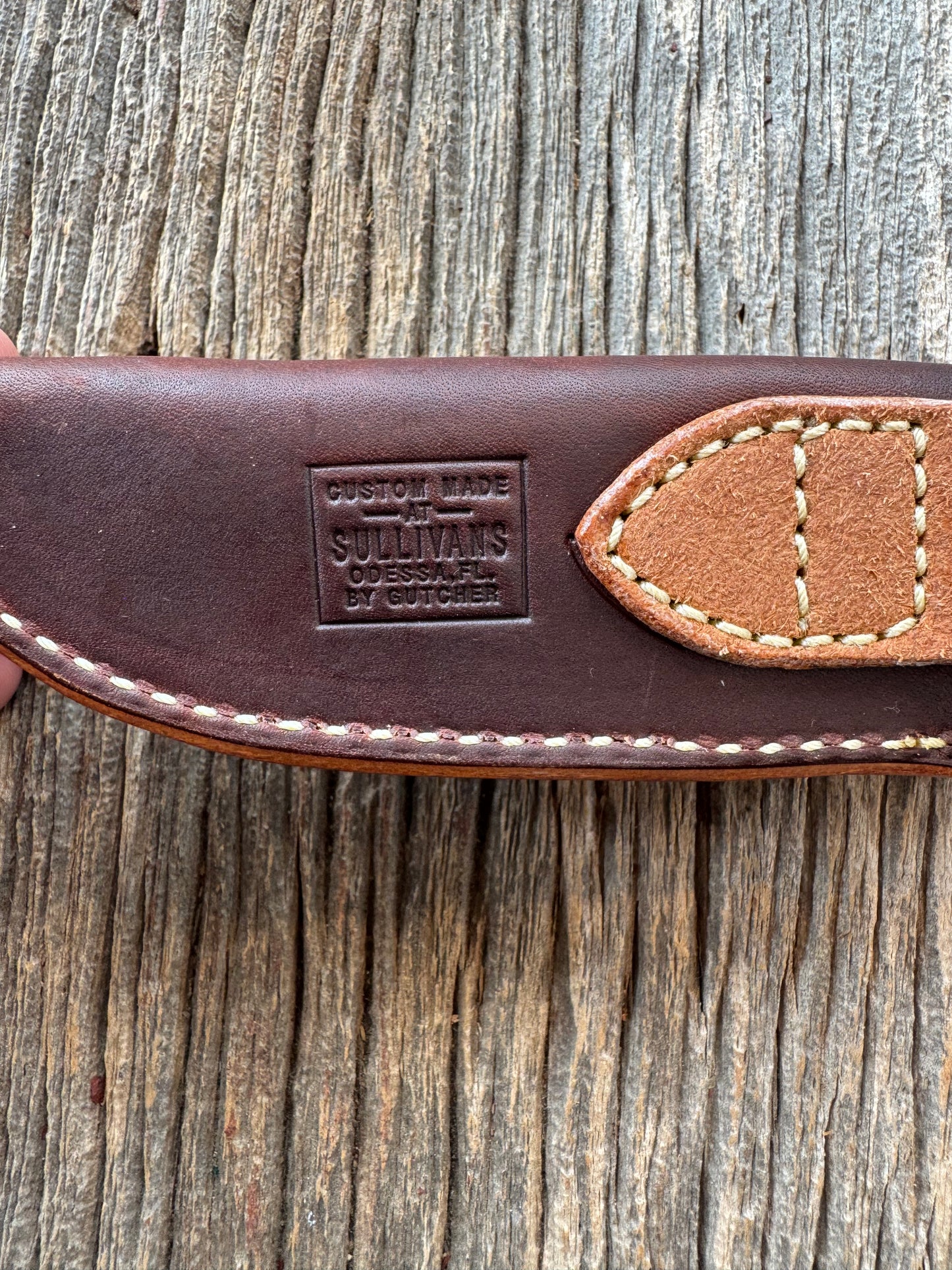 New Randall Sullivans by Gutcher Leather Knife Sheath Model 25-5 with Sharpening Stone throat style.