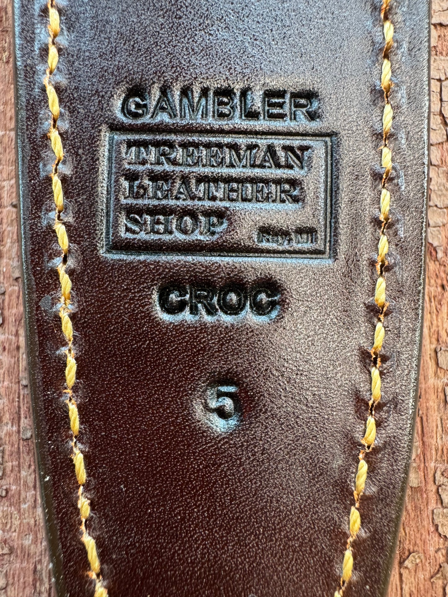 Randall Model “Gambler” 5 Inch Sheath in Exotic Rum Croc Hornback Crocodile by Treeman. (Sheath only)