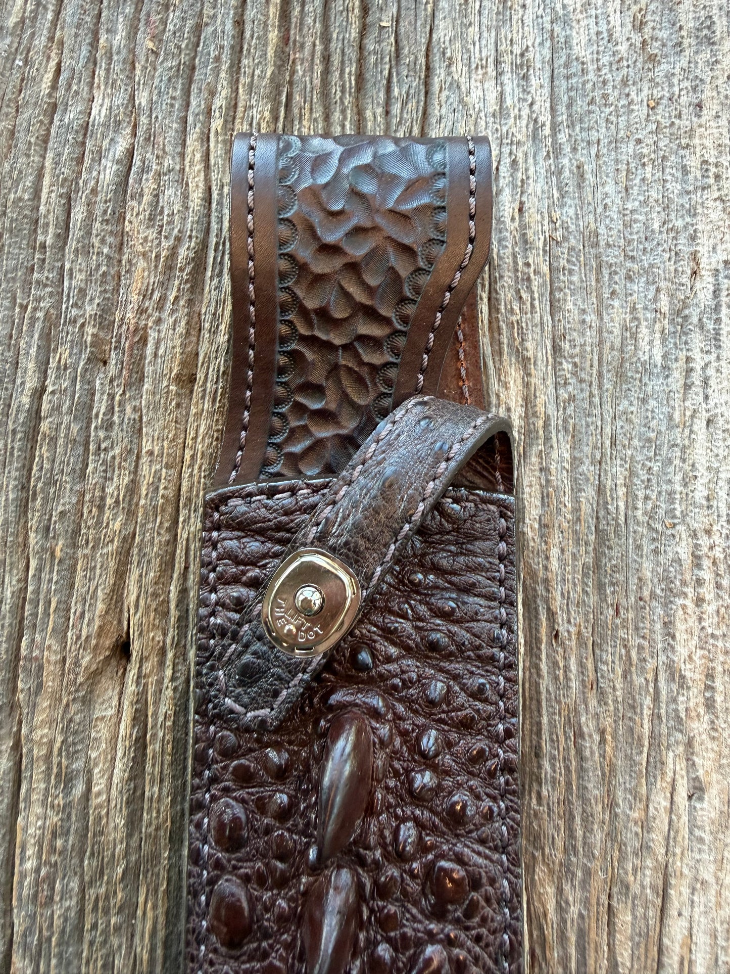 New Randall Model 12-9/14 Grind Sheath in Exotic Brown Snapping Turtle by Treeman. Spiked Dragon tail portion of the turtle.