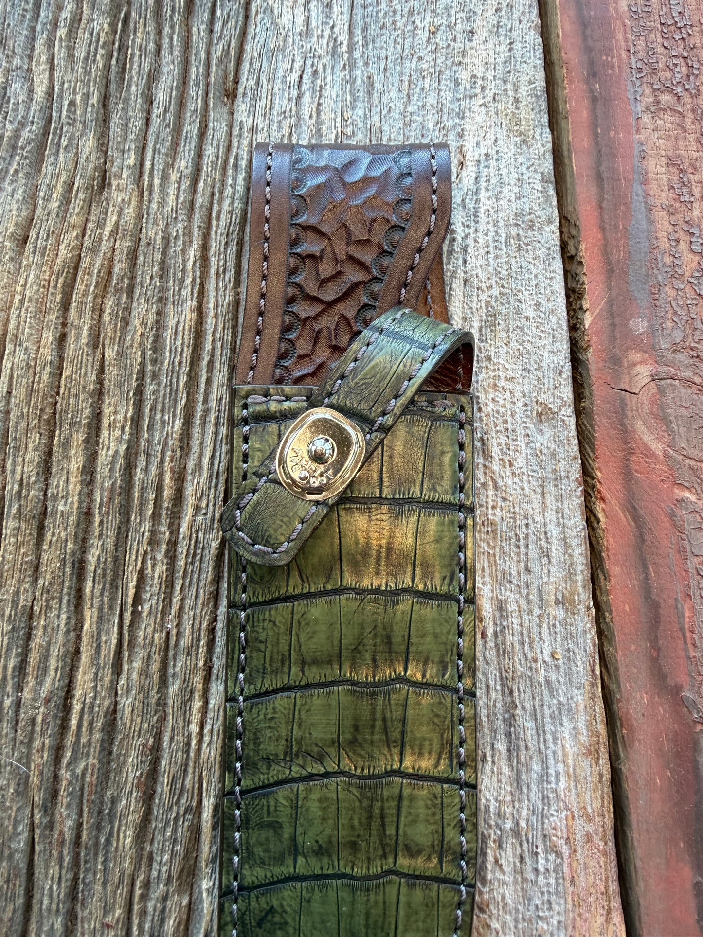 New Randall Model 14 Sheath in Exotic Army Green Crocodile from Treeman.