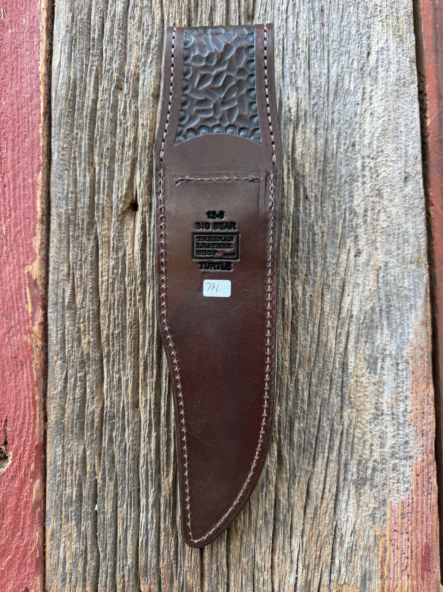 Randall Model 12-8 “Big Bear” Sheath in Exotic Arizona Tan Snapping Turtle by Treeman. Spiked Dragon tail portion of the turtle.