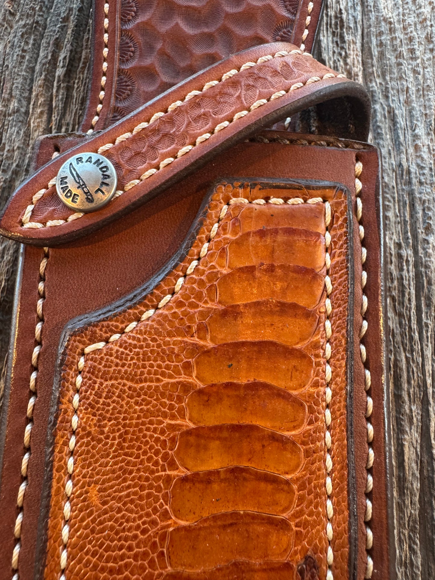 New Randall Model 12-11 Smithsonian “Smitty” Sheath in Exotic Tan Ostrich Leg ( very rare) Custom Made at Sullivan’s by Gutcher.