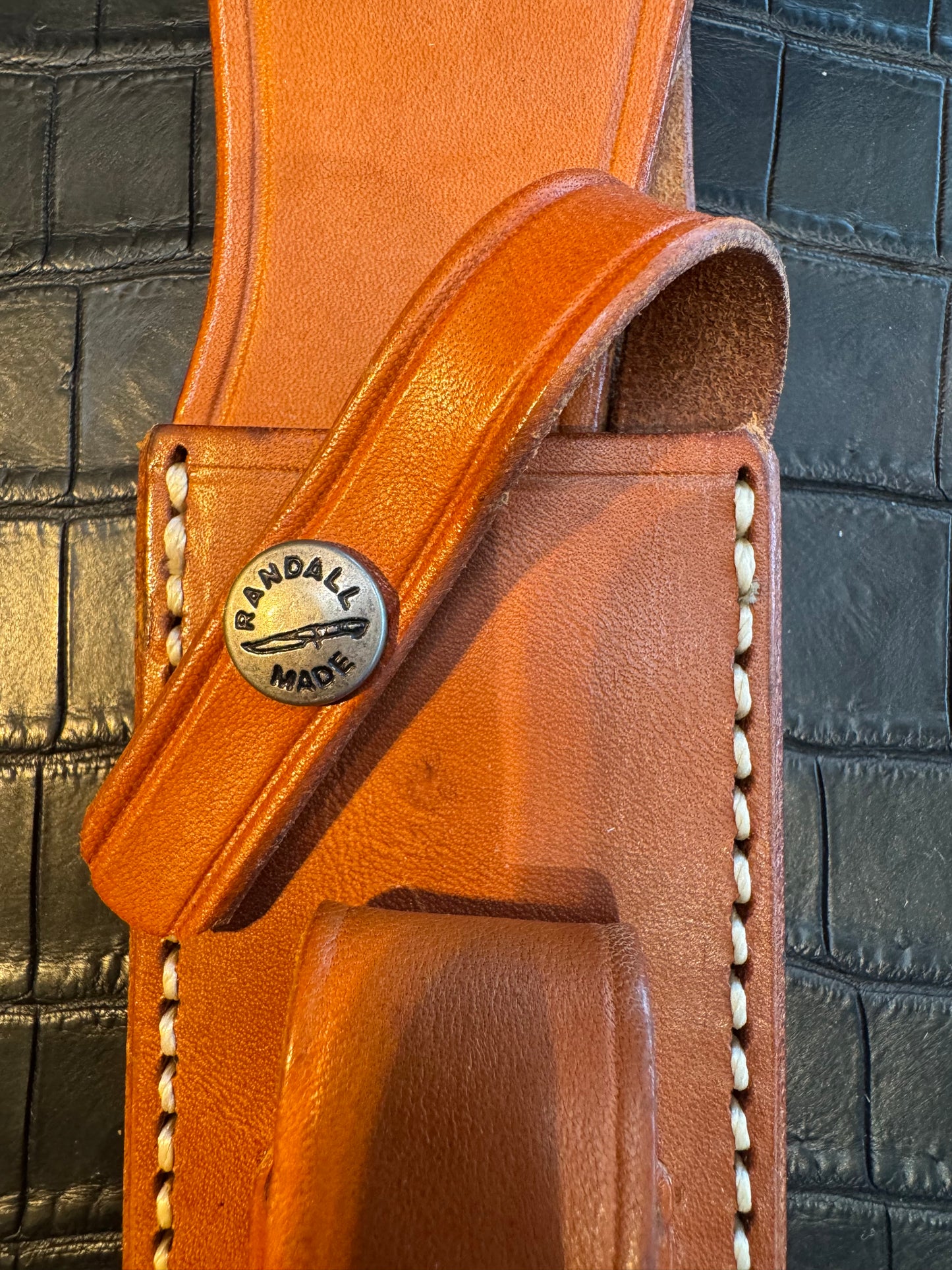 Randall Model 2-7 Sheath (with Stone) in Tan Leather made at Sullivans by Gutcher in Tampa Florida. Official sheath maker for Randall Knives.