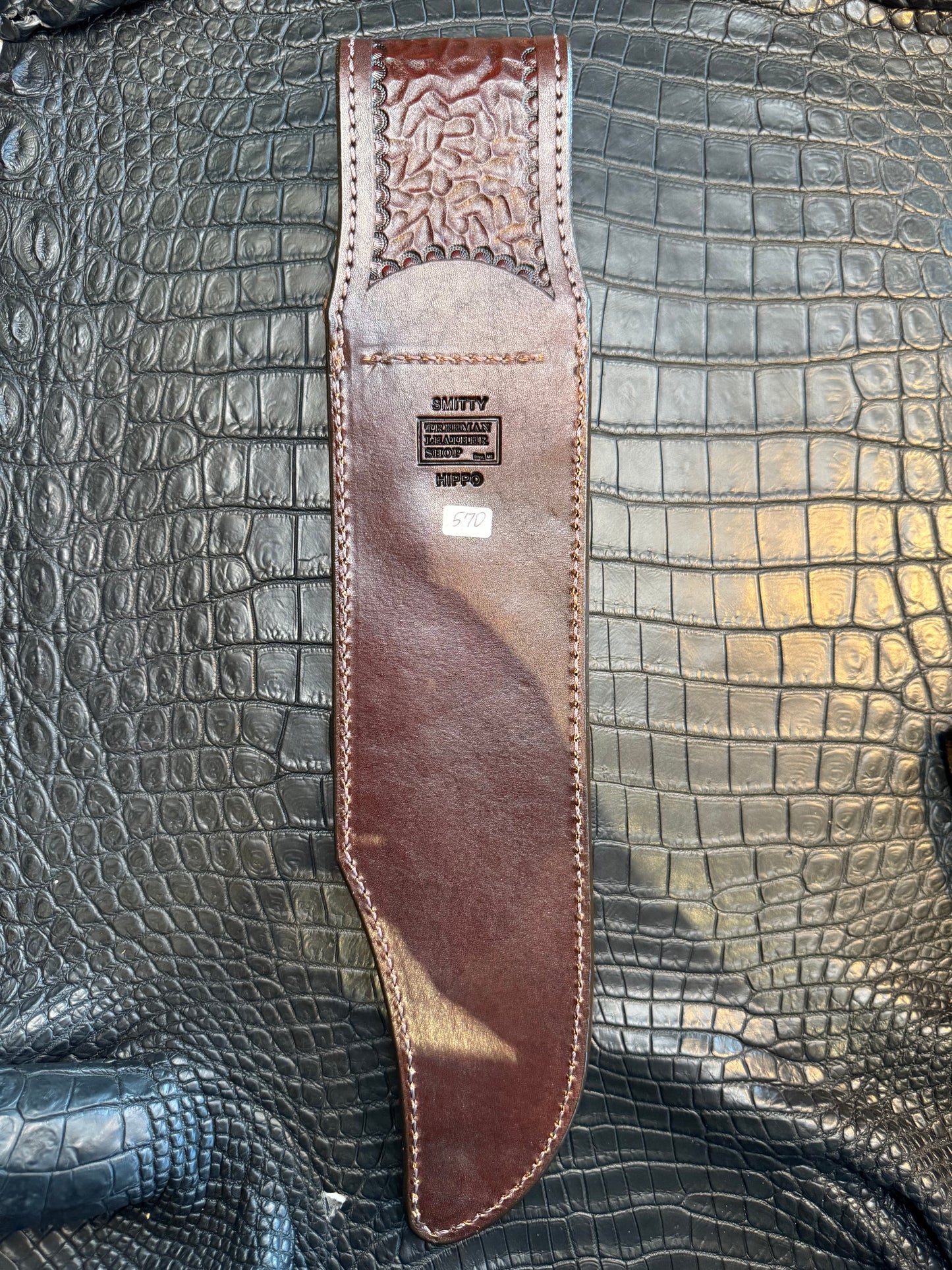 Randall Model 12-11 Smithsonian “Smitty” in Chocolate Hippo, forward curved hilt, Canteen Snap, full brass stamping and stitching.