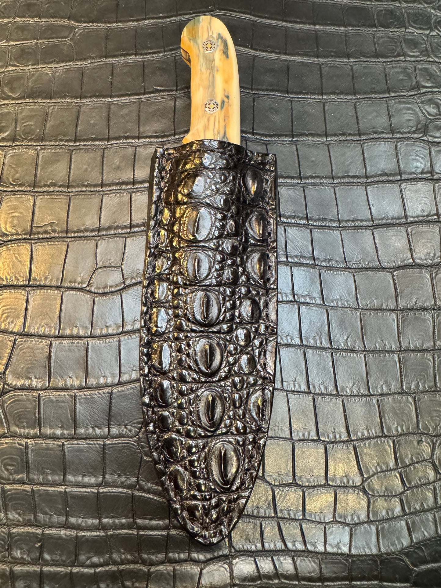 Randall Model Tri Athlete Sheath with Scales Added in Exotic Black Hornback Crocodile by Treeman. (Sheath only)