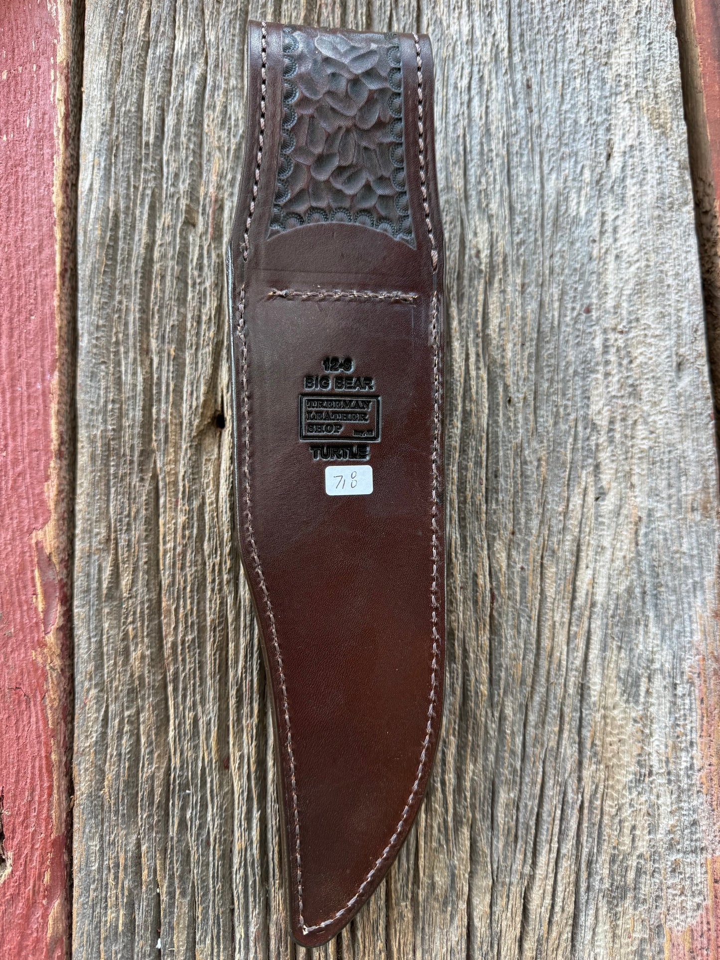 Randall Model 12-8 “Big Bear” Sheath in Exotic Dark Brown Snapping Turtle by Treeman. Spiked Dragon tail portion of the turtle.