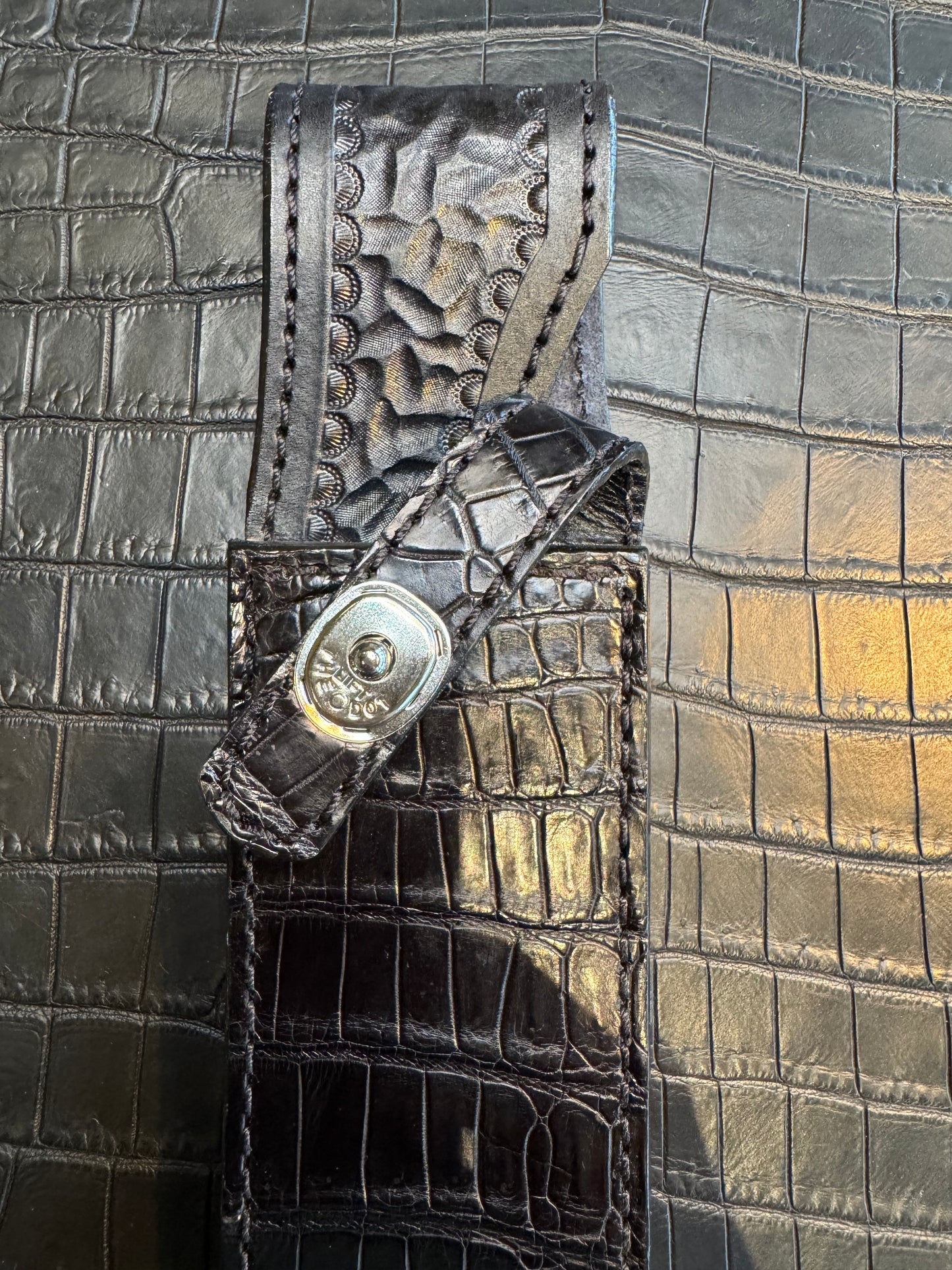 Randall Model 14 in Black Crocodile Straight hilt, Canteen Snap, full brass stamping and stitching.