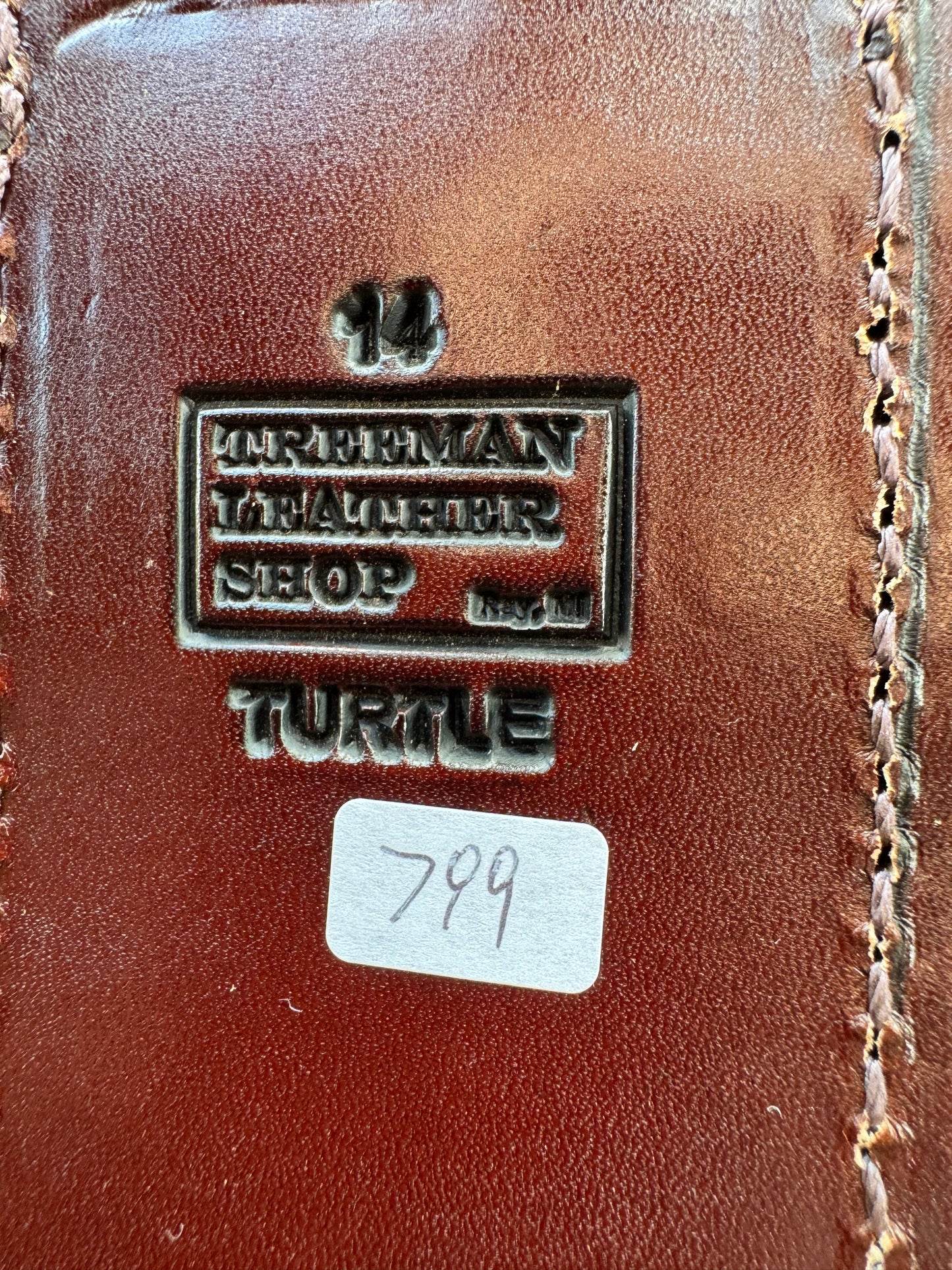 Randall Model 14 Sheath in Exotic Green Snapping Turtle by Treeman. Spiked Dragon tail portion of the turtle.
