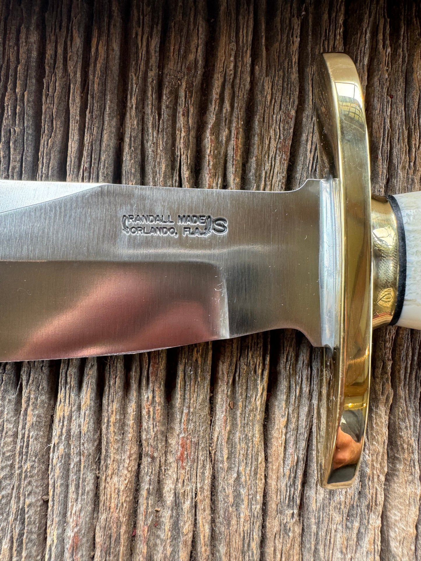New in paper Randall Knife Model 12-8 Big Bear. Gorgeous piece of off white Fossil Walrus Ivory. Brass hilt, collar and butt cap, Stainless steel.