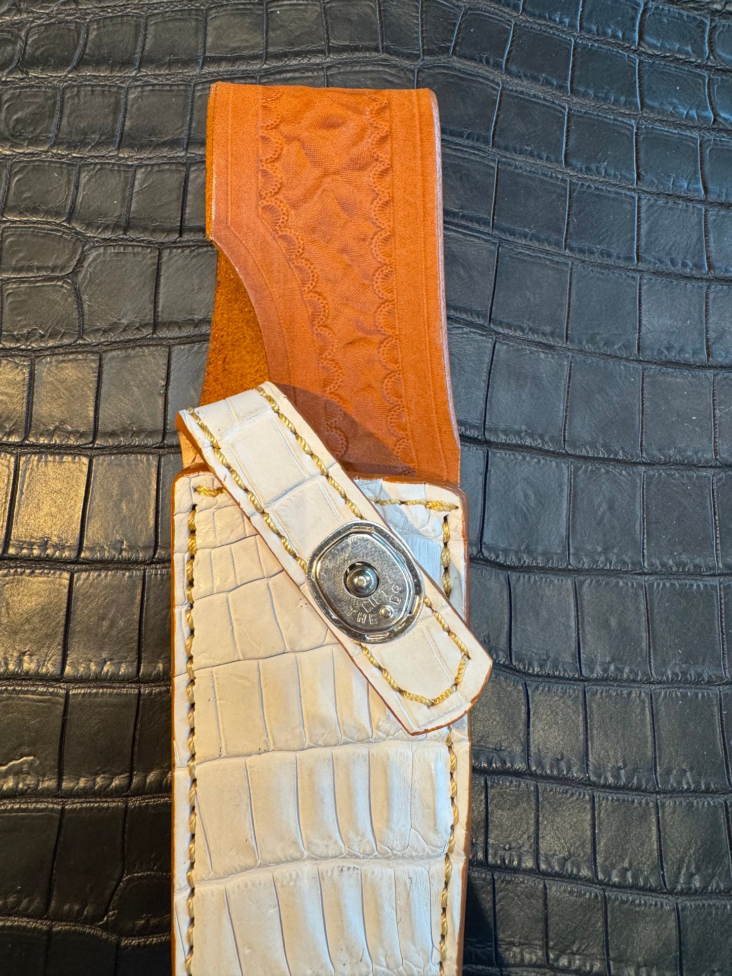 Randall Model 12-6 “Little Bear” in Exotic Sheath in White Crocodile by Treeman.