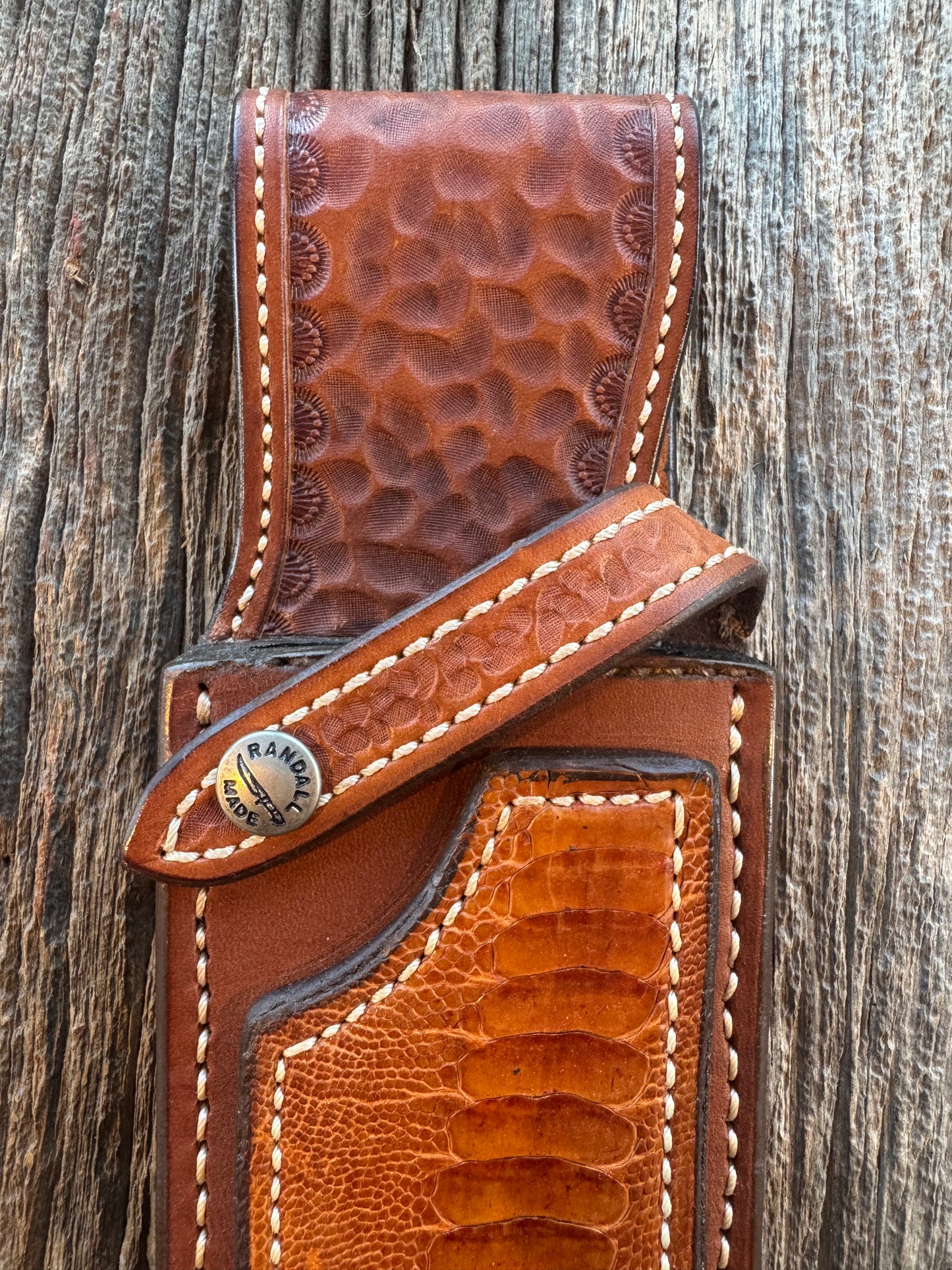 New Randall Model 12-11 Smithsonian “Smitty” Sheath in Exotic Tan Ostrich Leg ( very rare) Custom Made at Sullivan’s by Gutcher.