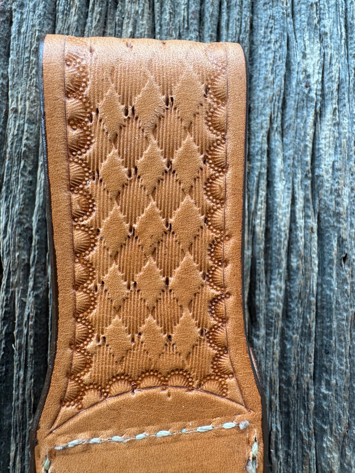 New Randall Model Combat Companion Sheath in Exotic Brown Natural Croc with full leather hand tooled belt loop. Randall snap and stamp on the back. Custom Made at Sullivan’s by Gutcher