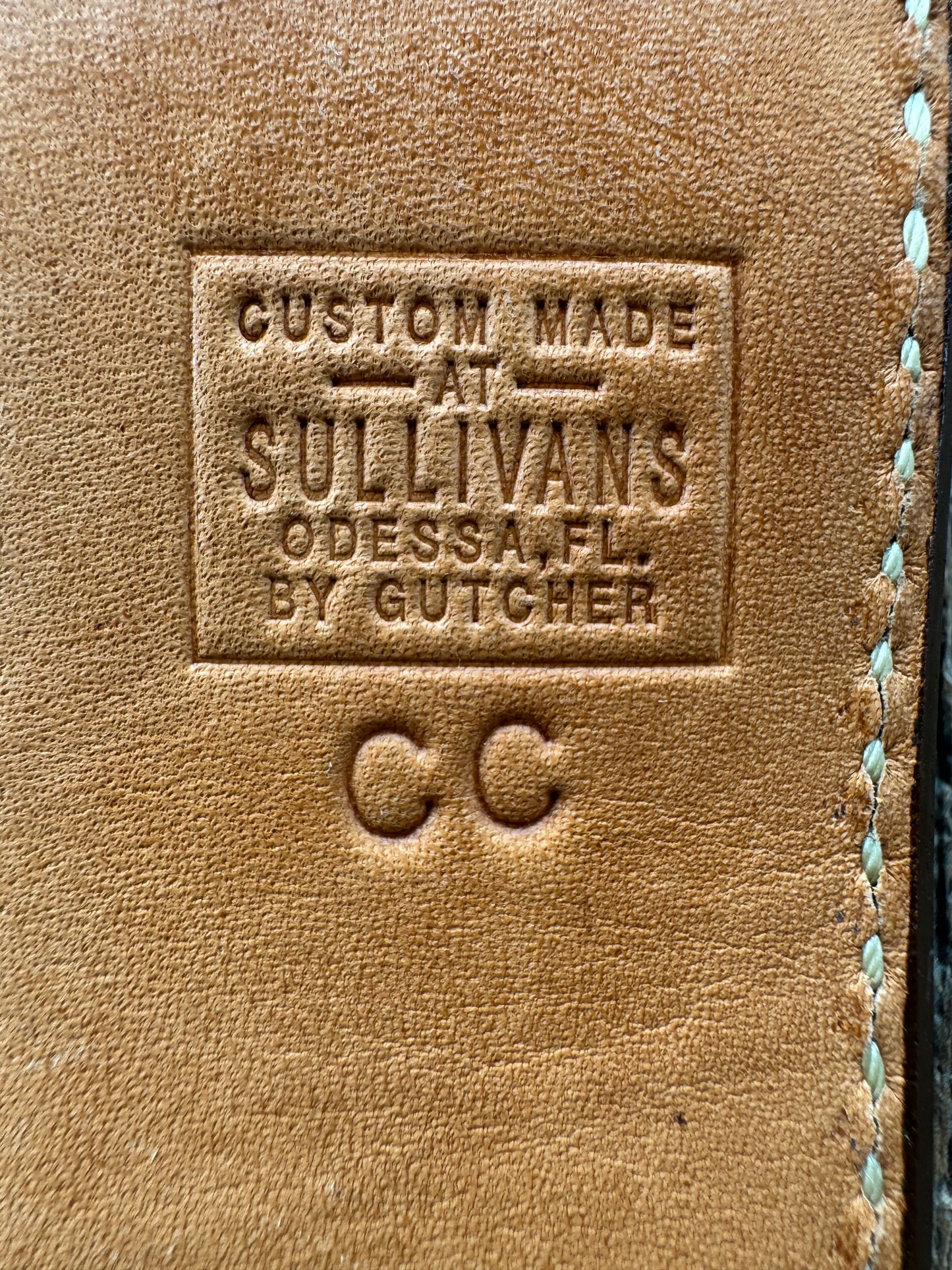 New Randall Model Combat Companion Sheath in Exotic Brown Natural Croc with full leather hand tooled belt loop. Custom Made at Sullivan’s by Gutcher.