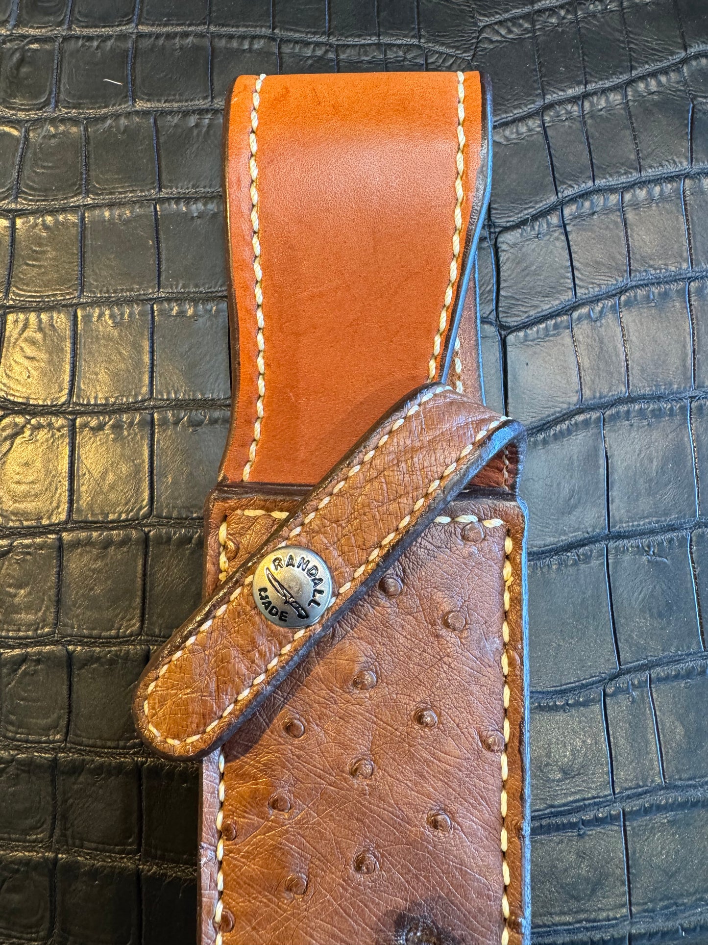 Randall Model 2-7 Exotic Tan Ostrich skin Sheath from Sullivans by Gutcher.