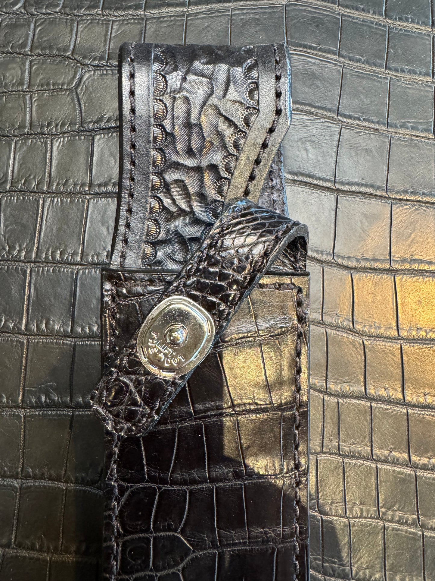 Randall Model 14 in Black Crocodile Straight hilt, Canteen Snap, full brass stamping and stitching.