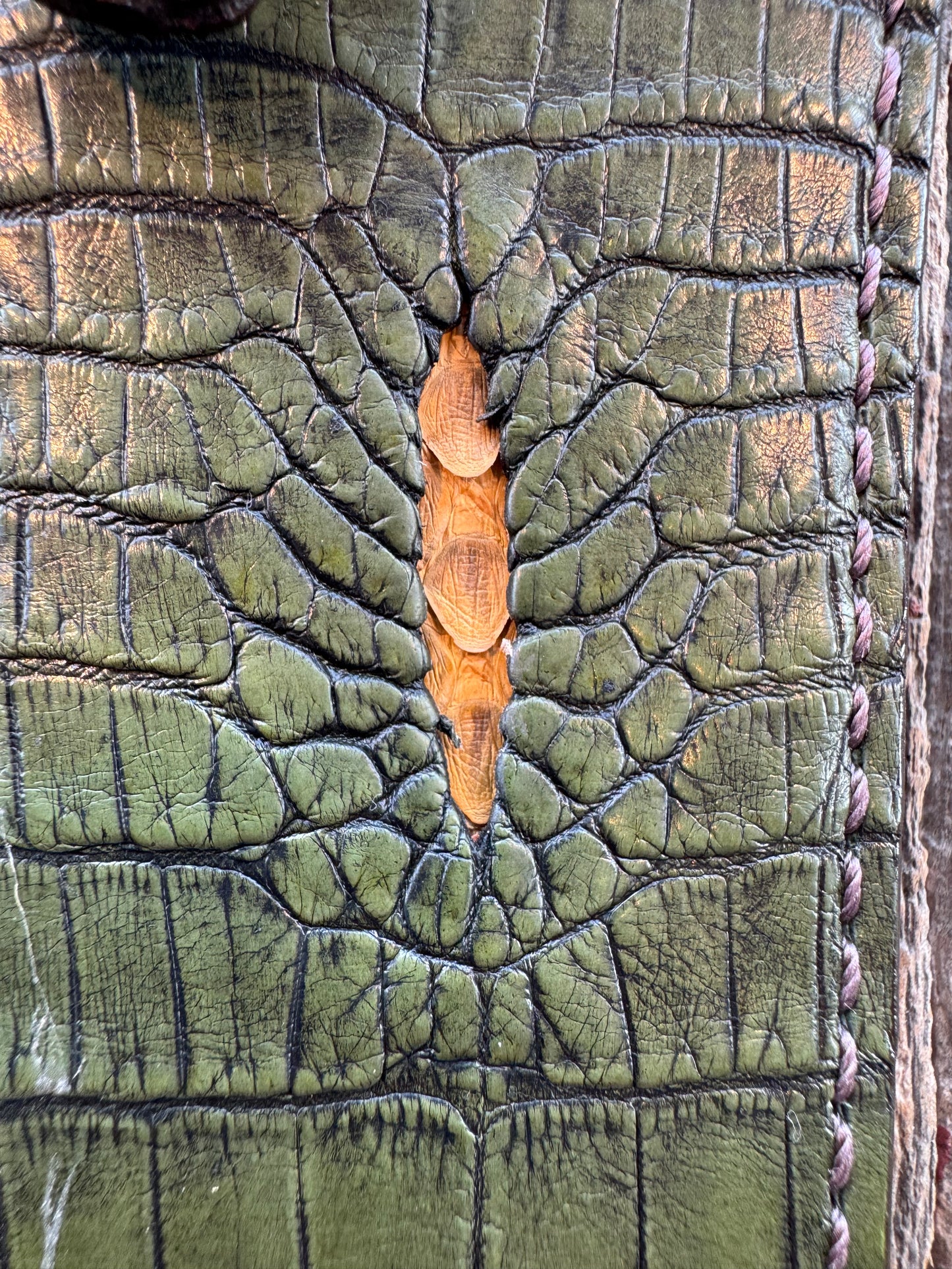Randall Model 2-8 Sheath in Exotic Army Green Crocodile Anus from Treeman.