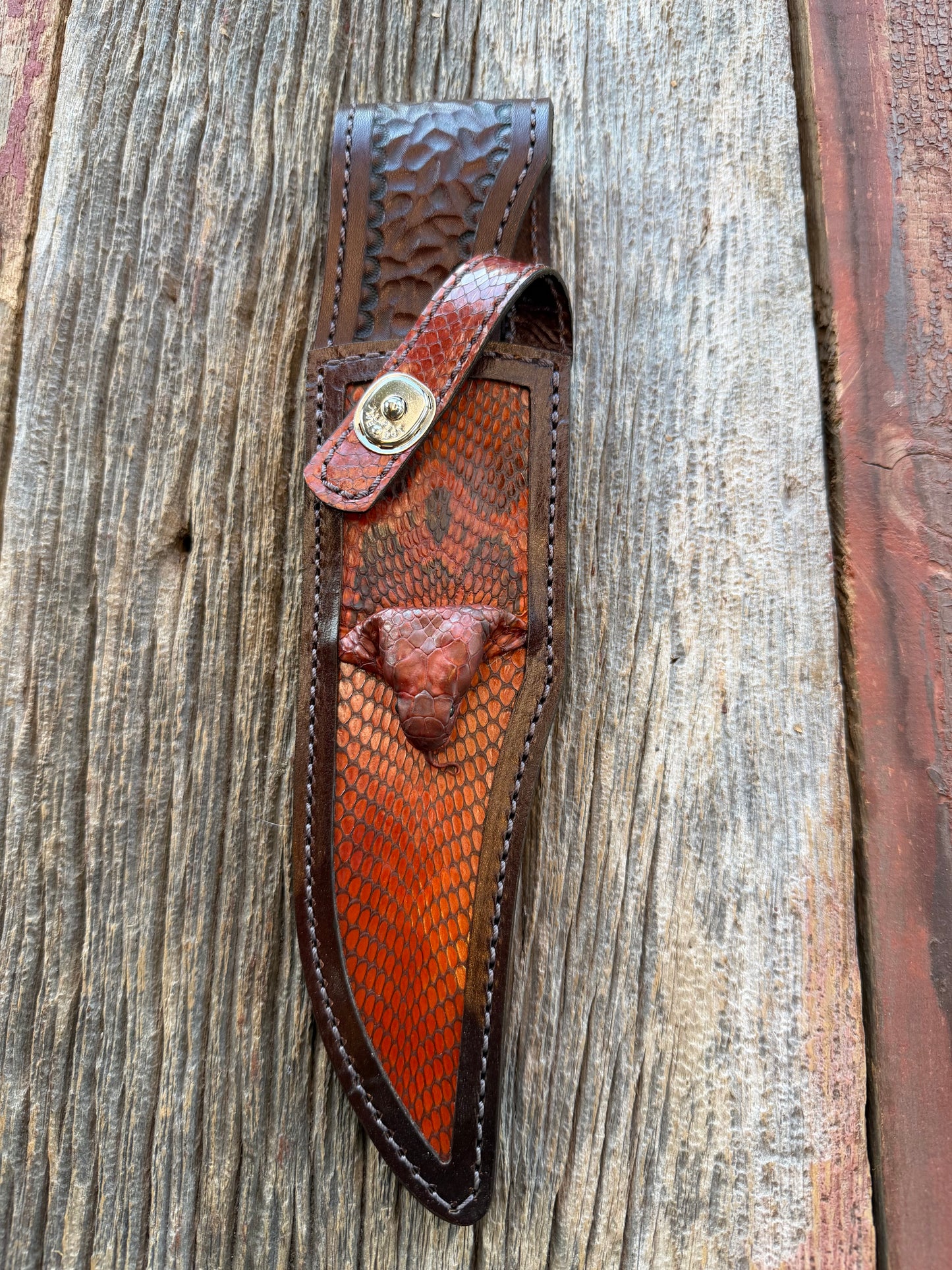 New Randall Model 12-8 Big Bear Sheath in Exotic Cobra with actual head by Treeman. Black and Browns … one of only a three I made.