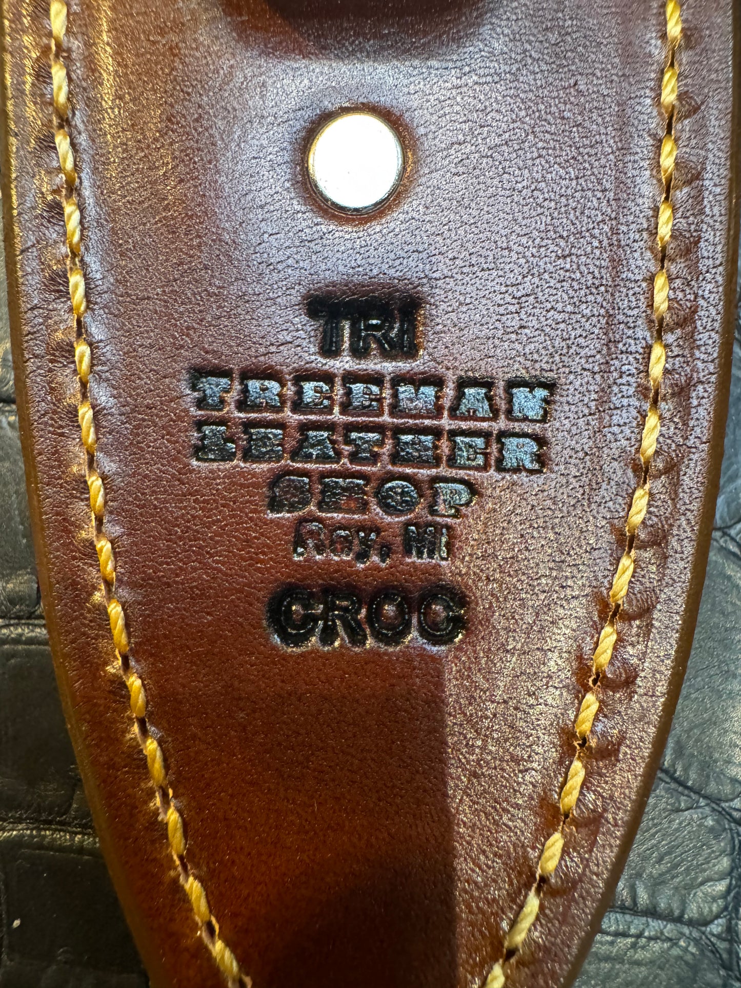 Randall Model Tri Athlete Sheath with Scales Added in Exotic Rum Crocodile by Treeman. (Sheath only)