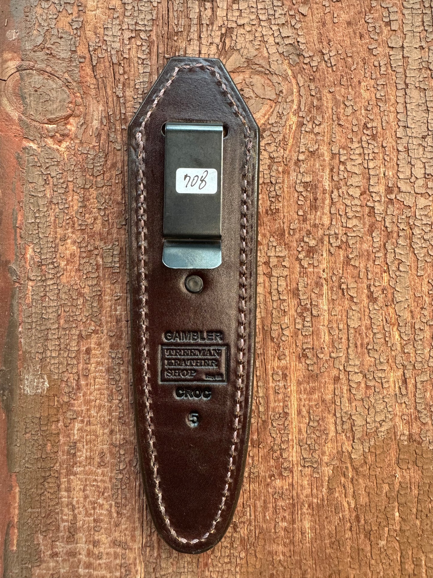Randall Model “Gambler” 5 Inch Sheath in Exotic Honey Crocodile by Treeman. (Sheath only)