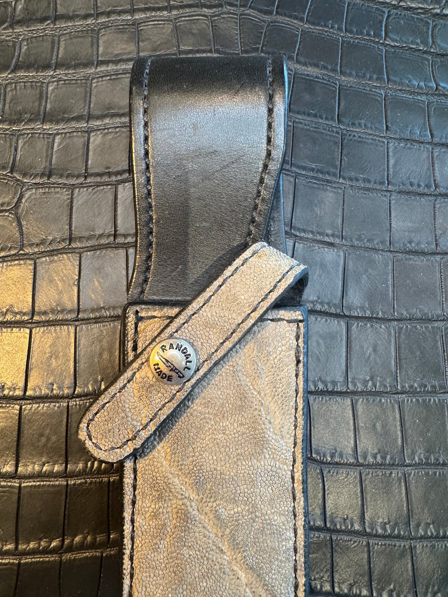 Randall Model 2-7 Sheath in Exotic Gray Elephant Custom Made at Sullivan’s by Gutcher.