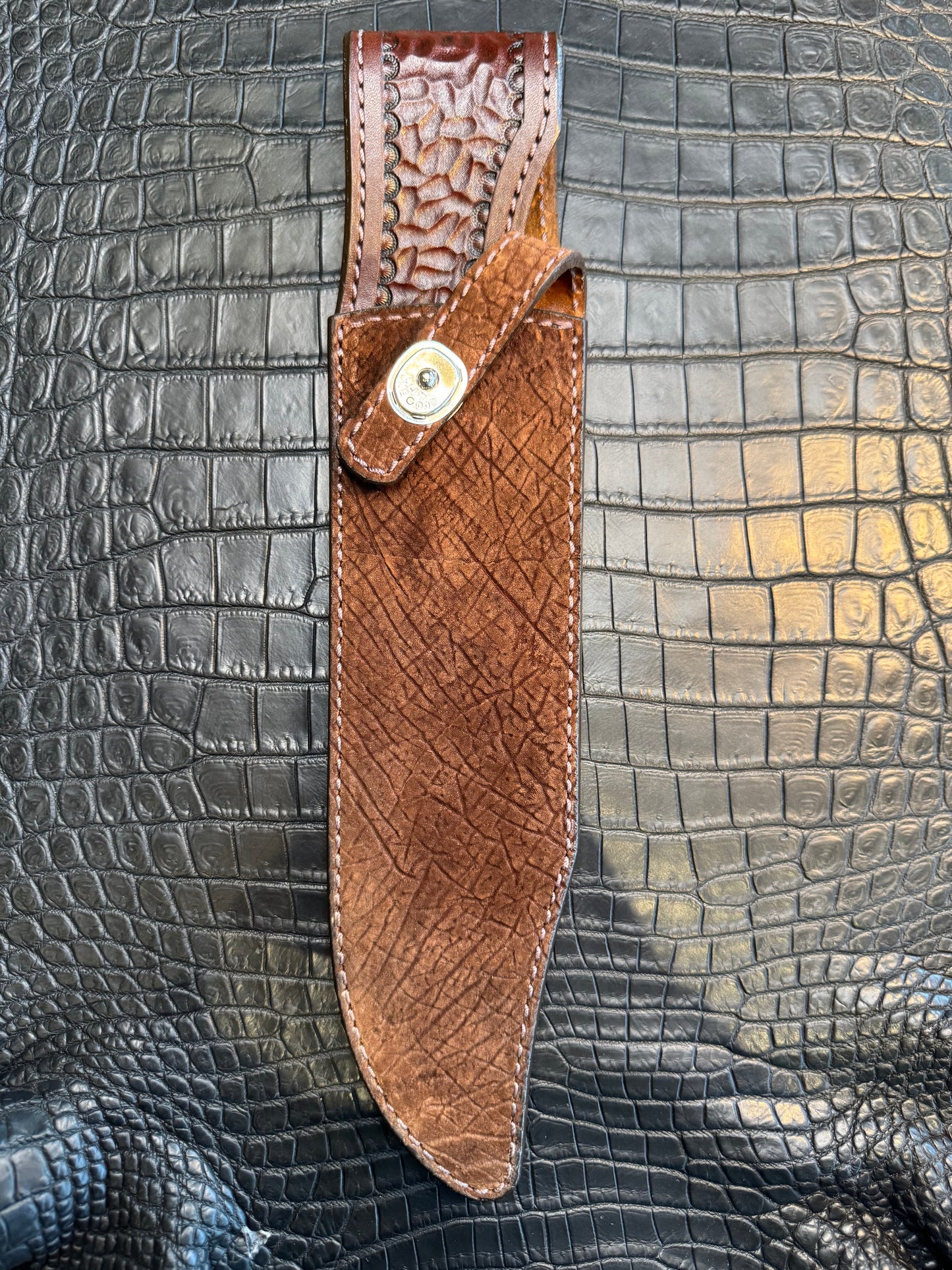 Randall Model 12-9 Bowie Clip Point in Chocolate Hippo, forward curved hilt, Canteen Snap, full brass stamping and stitching.