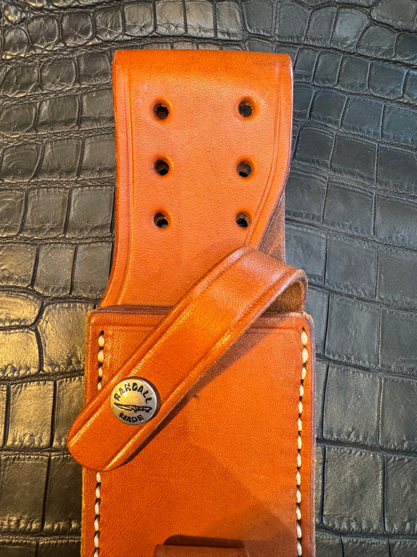 Randall Model 12-9 Sheath (with Stone) in Tan Leather made at Sullivans by Gutcher in Tampa Florida. Official sheath maker for Randall Knives.
