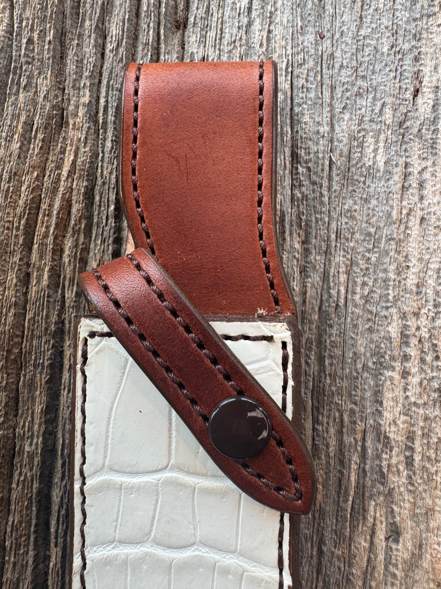 New Randall Model 1-8 or 2-8 Sheath in Exotic white Natural Croc with full leather belt loop. Custom Made at Sullivan’s by Gutcher.
