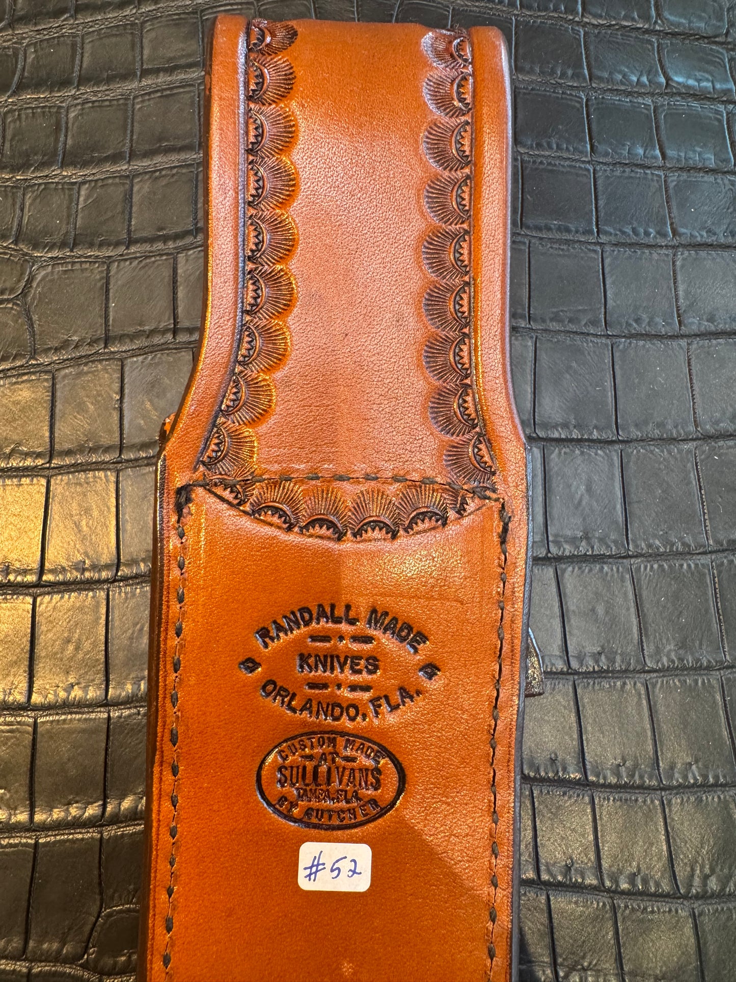 Randall Model Clinton Special Sheath in Exotic Diamond Pattern Inlaid with Brown Crocodile over Python Custom Made at Sullivan’s by Gutcher.