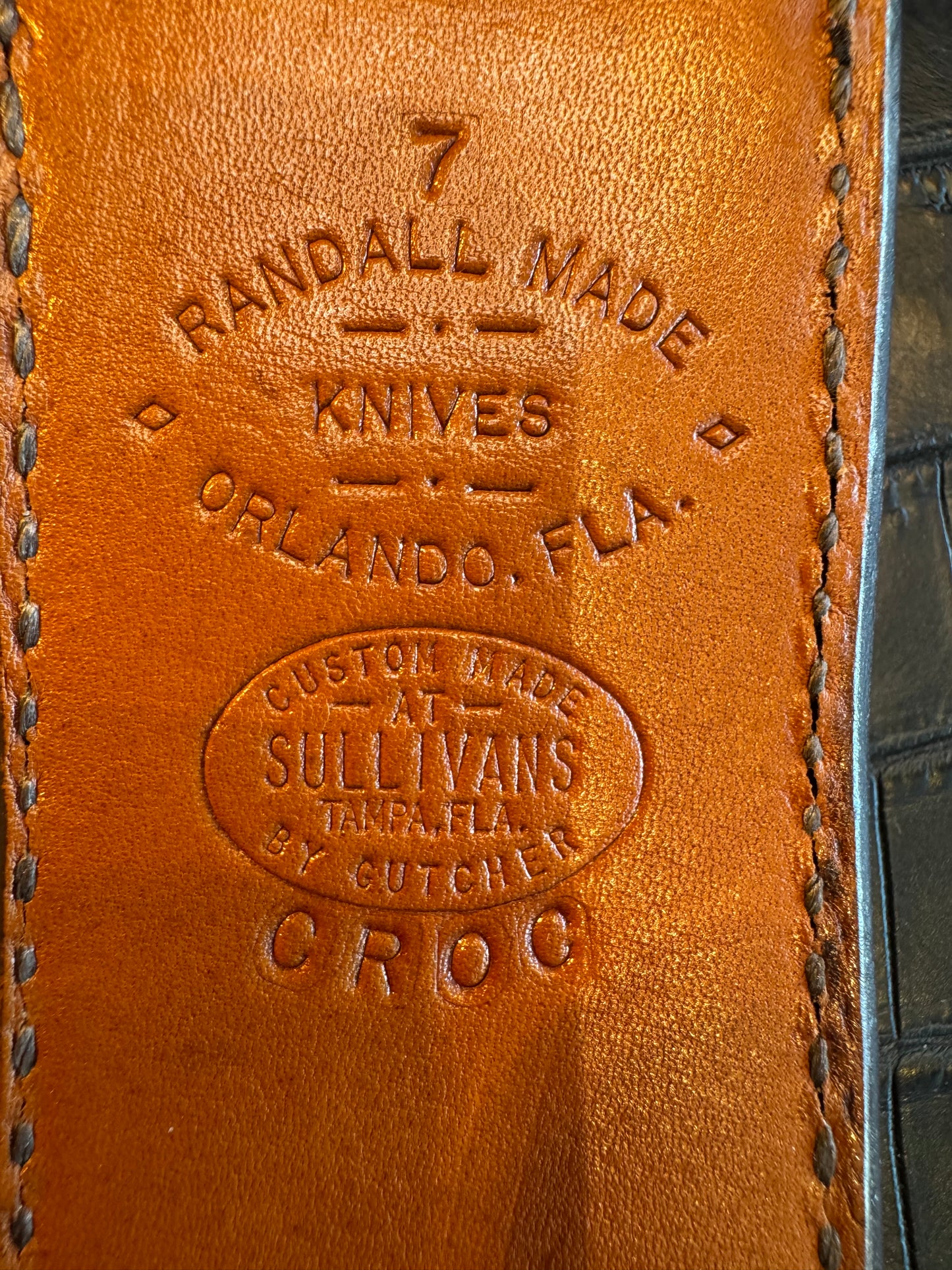 Randall Model 1-7 or 2-7 Exotic Brown Crocodile skin Sheath from Sullivans by Gutcher.