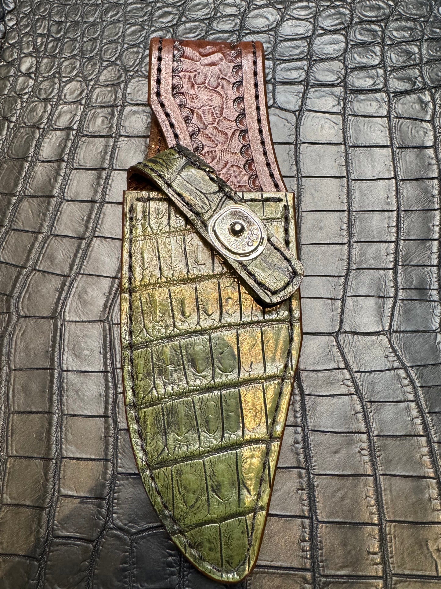 Randall Model 19-5 Exotic Army Green Crocodile Sheath from Treeman.