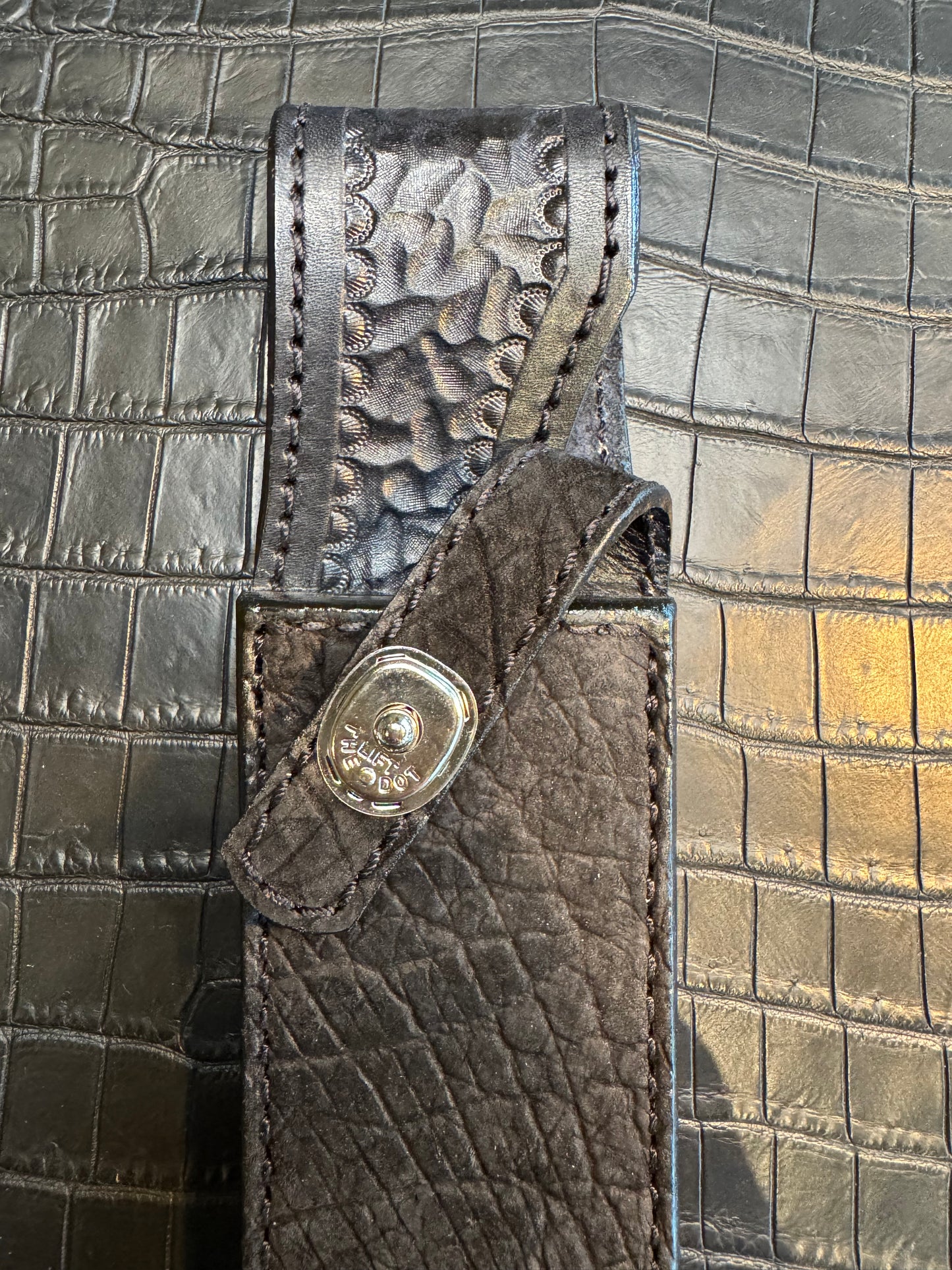 Randall Model 14 in Black Hippo Straight hilt, Canteen Snap, full brass stamping and stitching.