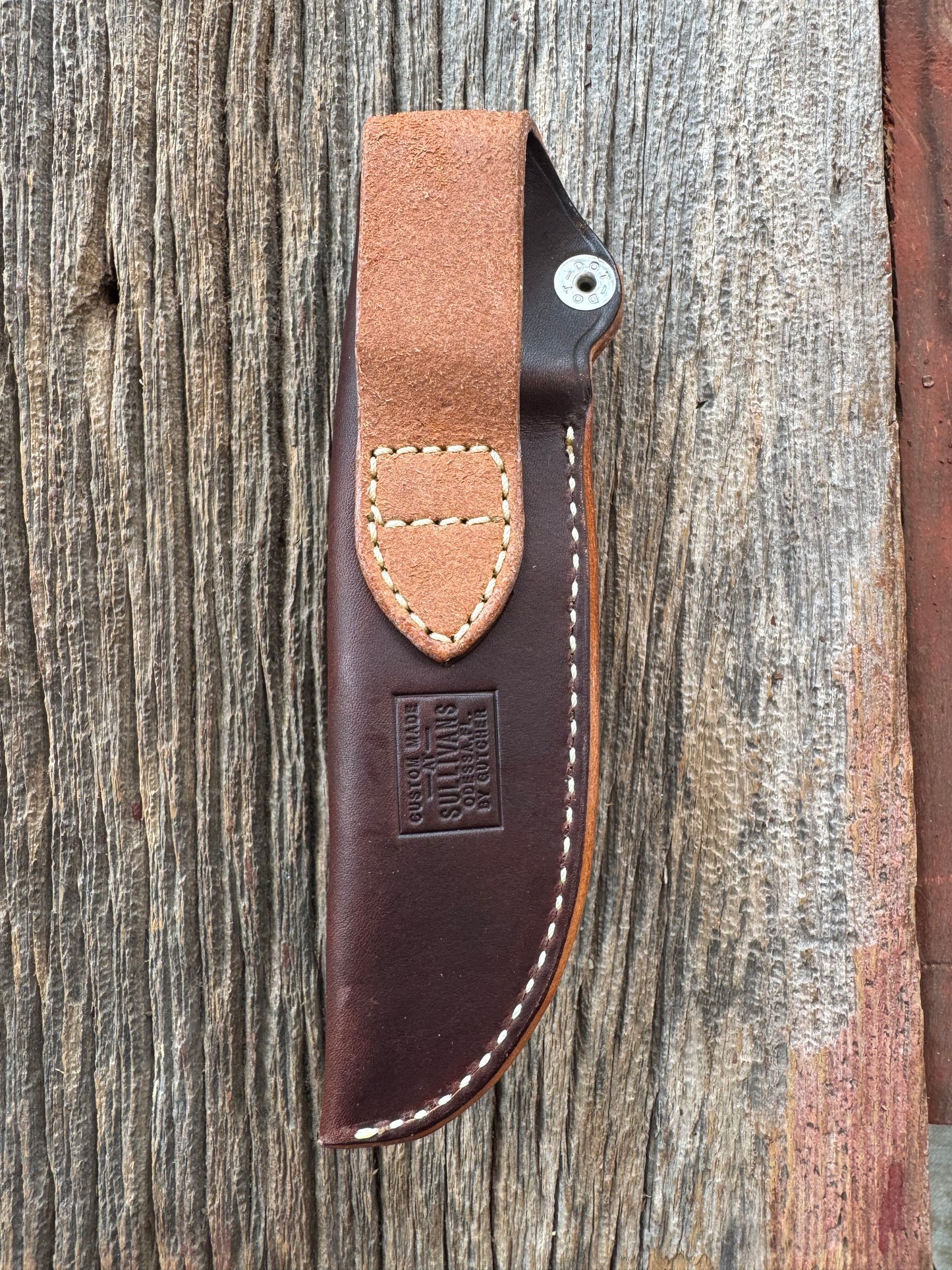 New Randall Sullivans by Gutcher Leather Knife Sheath Model 25-5 with Sharpening Stone throat style.