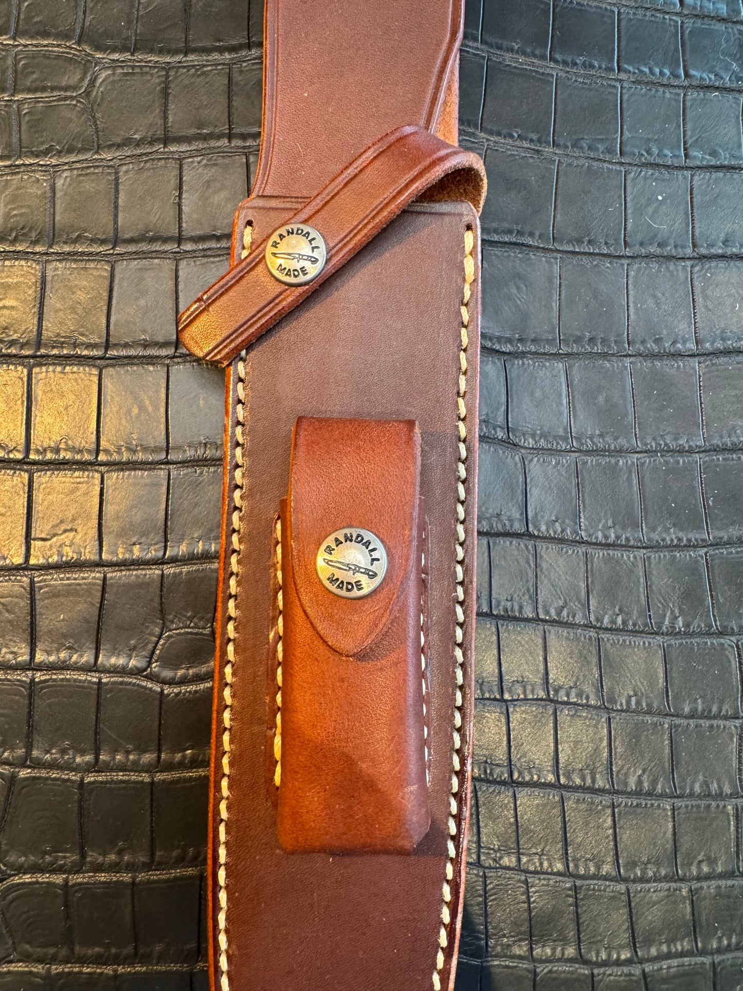 Randall Model 2-8 Sheath (with Stone) in Brown Leather made at Sullivans by Gutcher in Tampa Florida. Official sheath maker for Randall Knives.