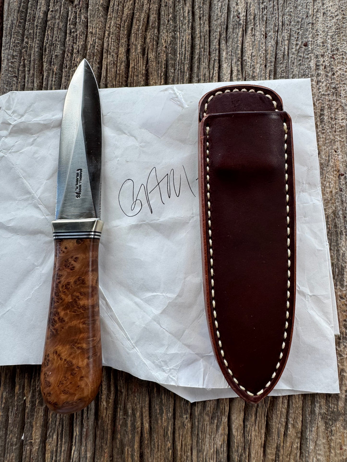 New in Paper Randall Model “Gambler” 4 Inch in Thuya Wood, Nickel hilt, Stainless, black and aluminum spacers.