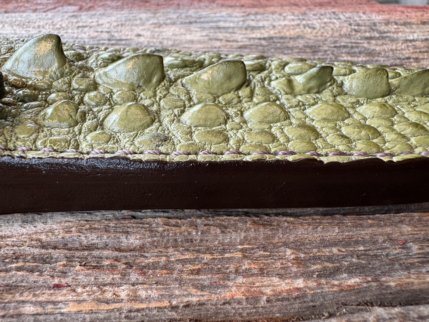 Randall Model 12-8 Sheath in Exotic Avocado Green Snapping Turtle by Treeman. Spiked Dragon tail portion of the turtle.