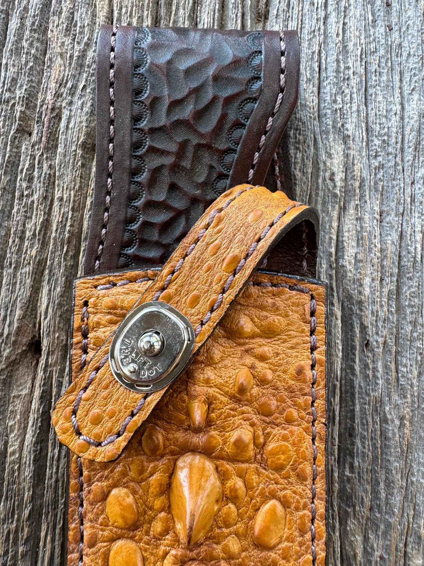Randall Model 12-8 “Big Bear” Sheath in Exotic Arizona Tan Snapping Turtle by Treeman. Spiked Dragon tail portion of the turtle.