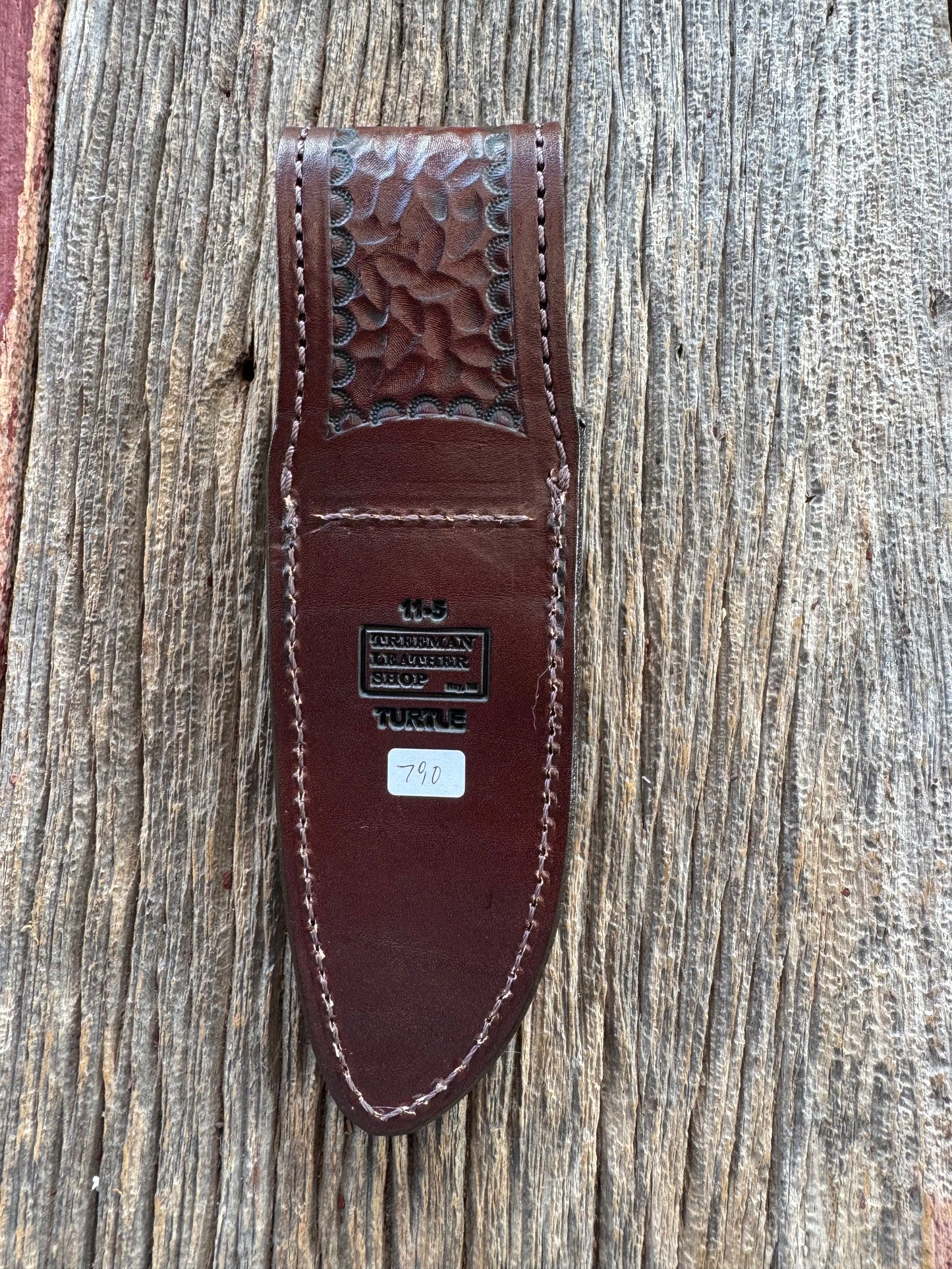 Randall Model 11-5 Sheath in Exotic Dark Brown Snapping Turtle by Treeman. Spiked Dragon tail portion of the turtle.