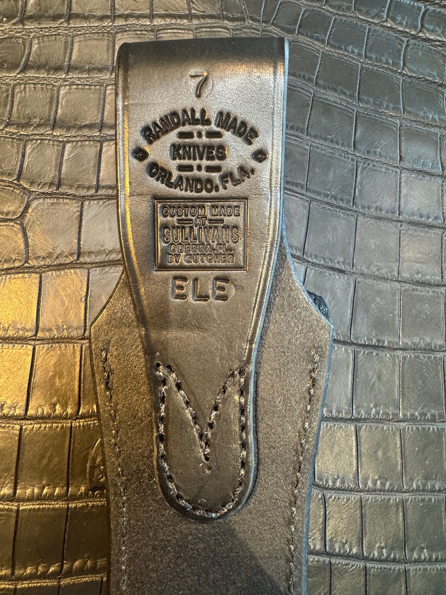 New Randall Model 1-7 or 2-7 Sheath in Exotic Black Elephant Custom Made at Sullivan’s by Gutcher.