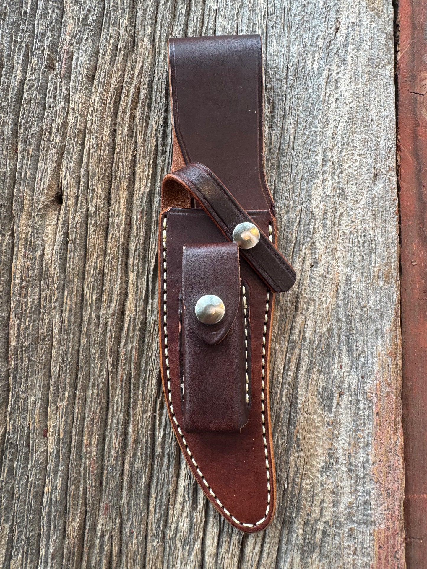 New Randall Sullivans by Gutcher Leather Knife Sheath Model 27 with sharpening stone.